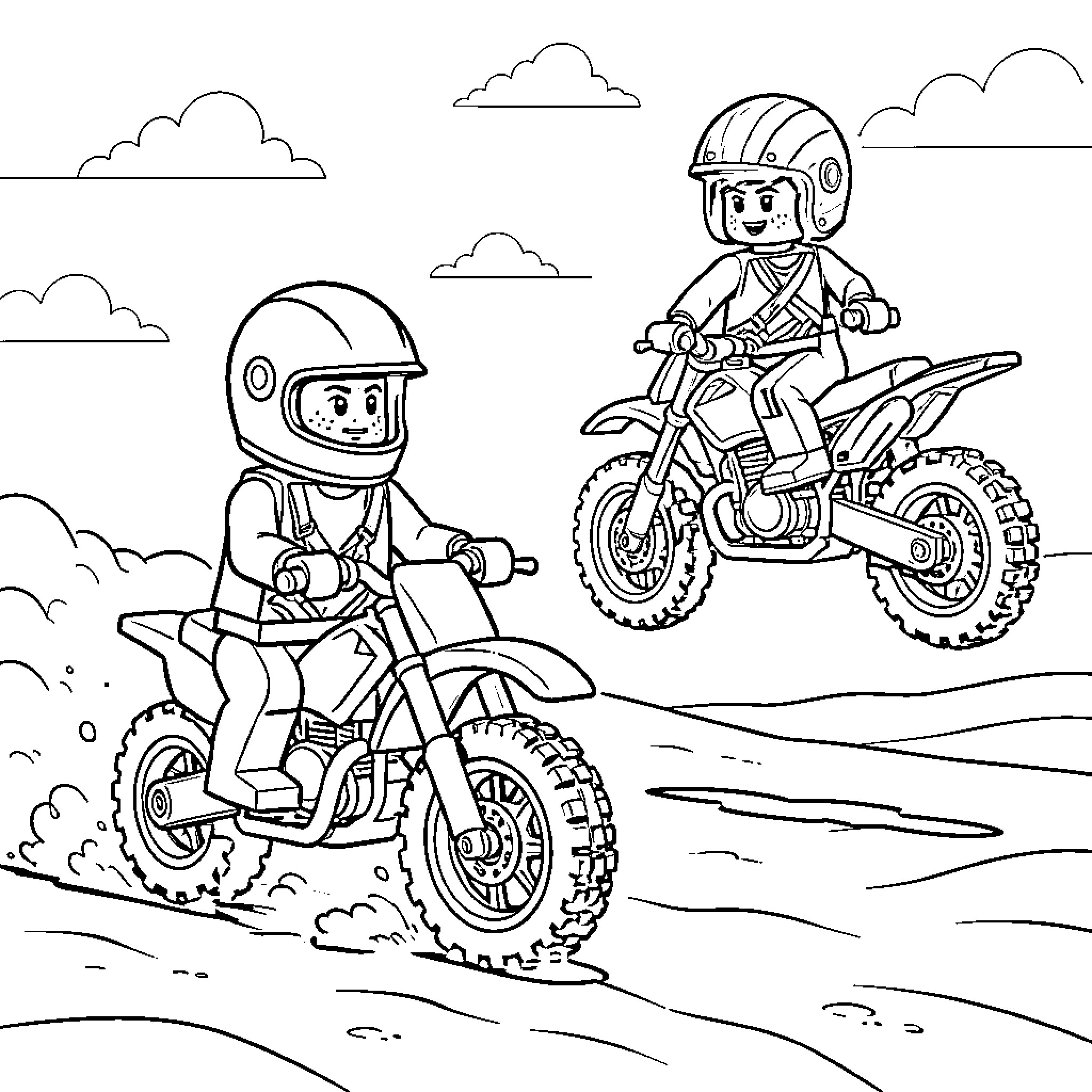 LEGO Characters Riding Dirt Bikes in the Outdoors Coloring Page (free black-and-white line drawing printable PDF for all, from beginners to advanced learners, including children, teens, adults, and seniors)