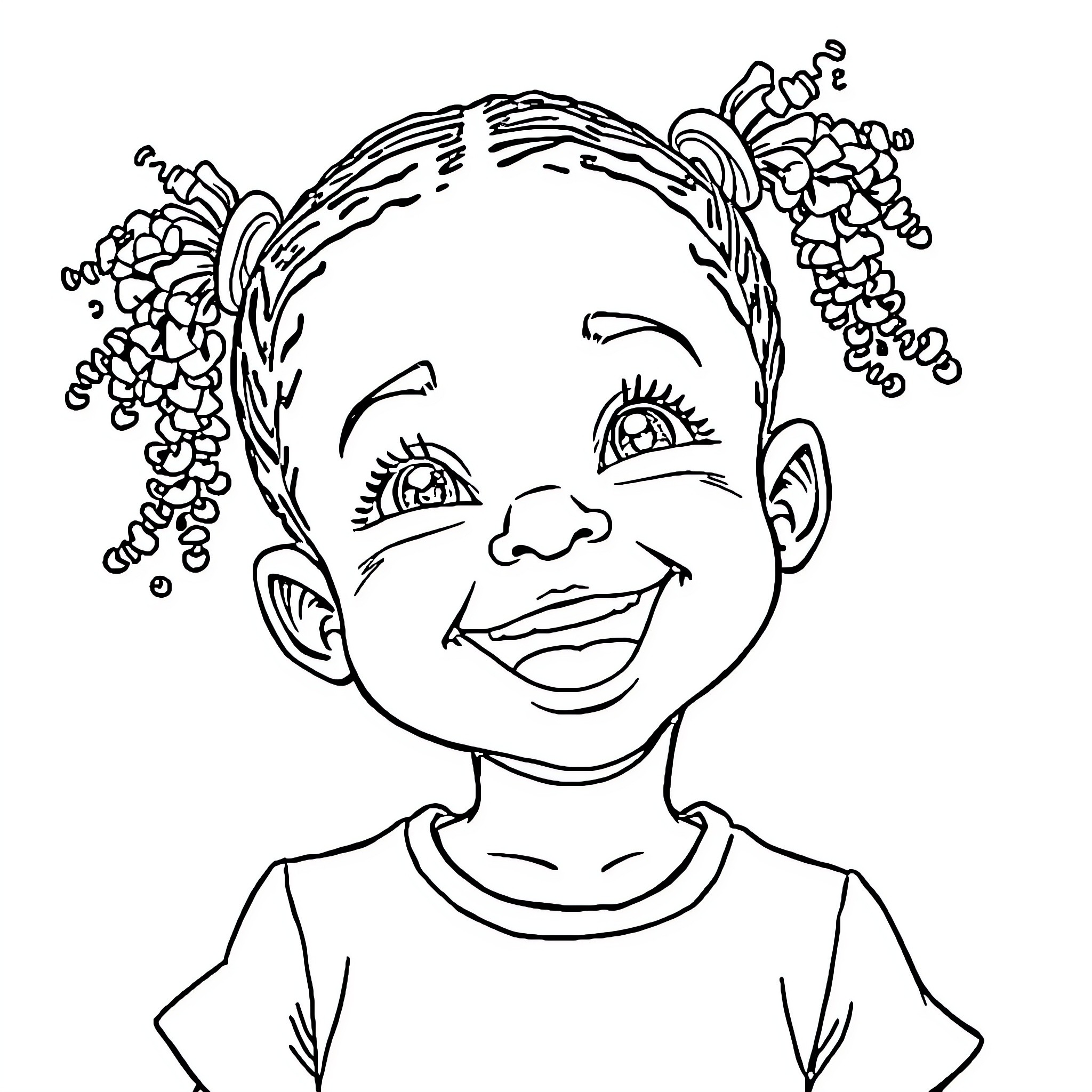 Girl with joyful expression and decorative hair Coloring Page (free black-and-white line drawing printable PDF for all, from beginners to advanced learners, including children, teens, adults, and seniors)