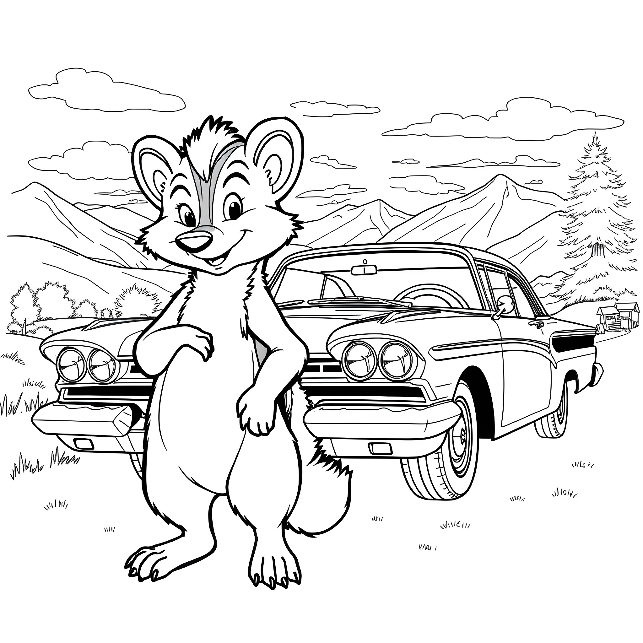 Wereskunk posing by a vintage car in the mountains Coloring Page (free black-and-white line drawing printable PDF for all, from beginners to advanced learners, including children, teens, adults, and seniors)