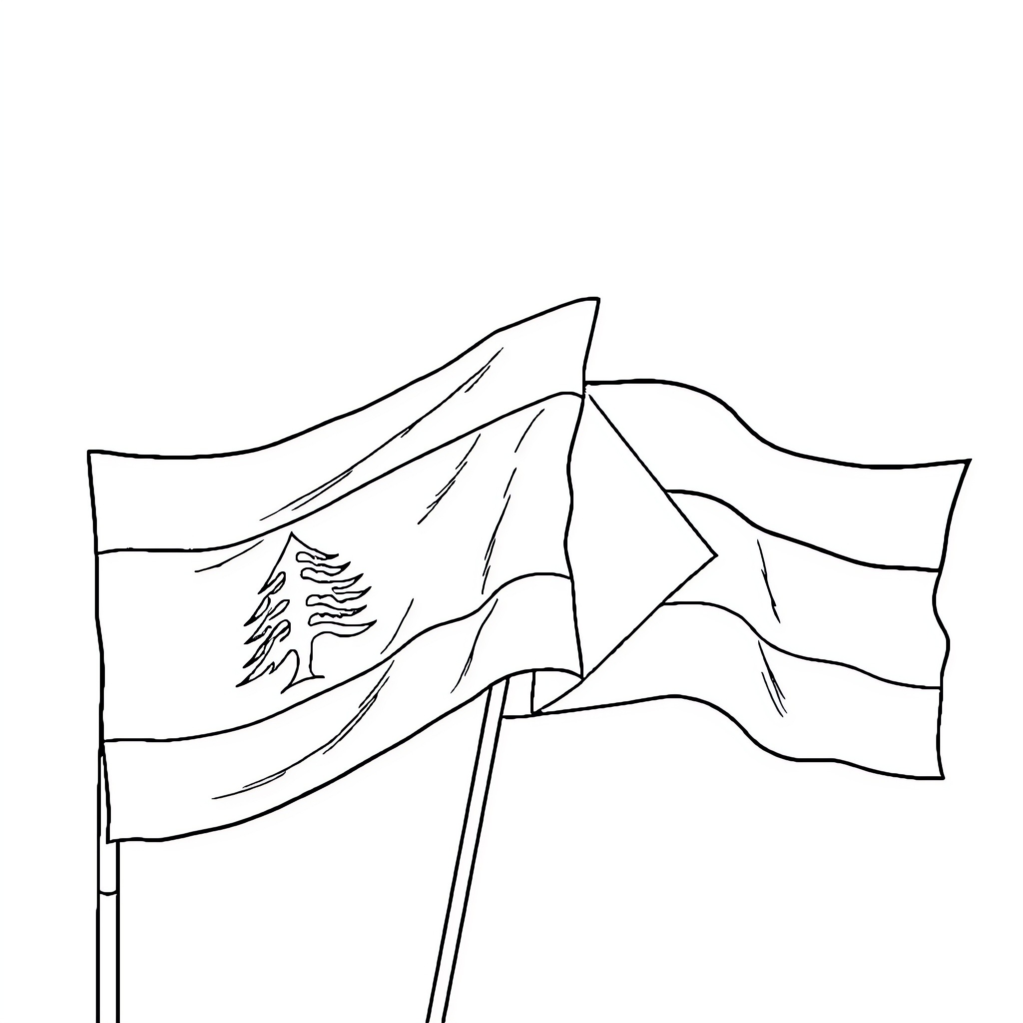 Flag waving in the wind with mountain silhouette Coloring Page (free black-and-white line drawing printable PDF for all, from beginners to advanced learners, including children, teens, adults, and seniors)