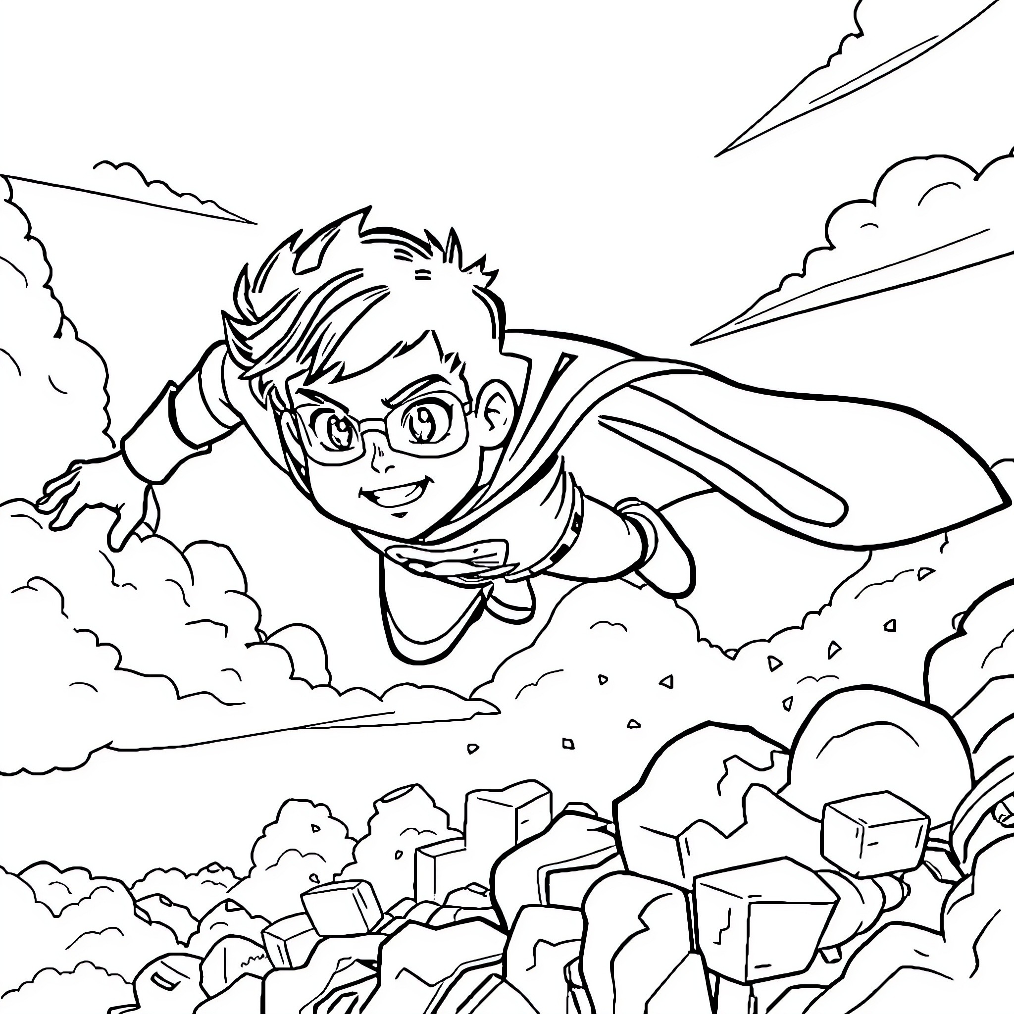 Boy Superhero Soaring Through the Clouds Coloring Page (free black-and-white line drawing printable PDF for all, from beginners to advanced learners, including children, teens, adults, and seniors)