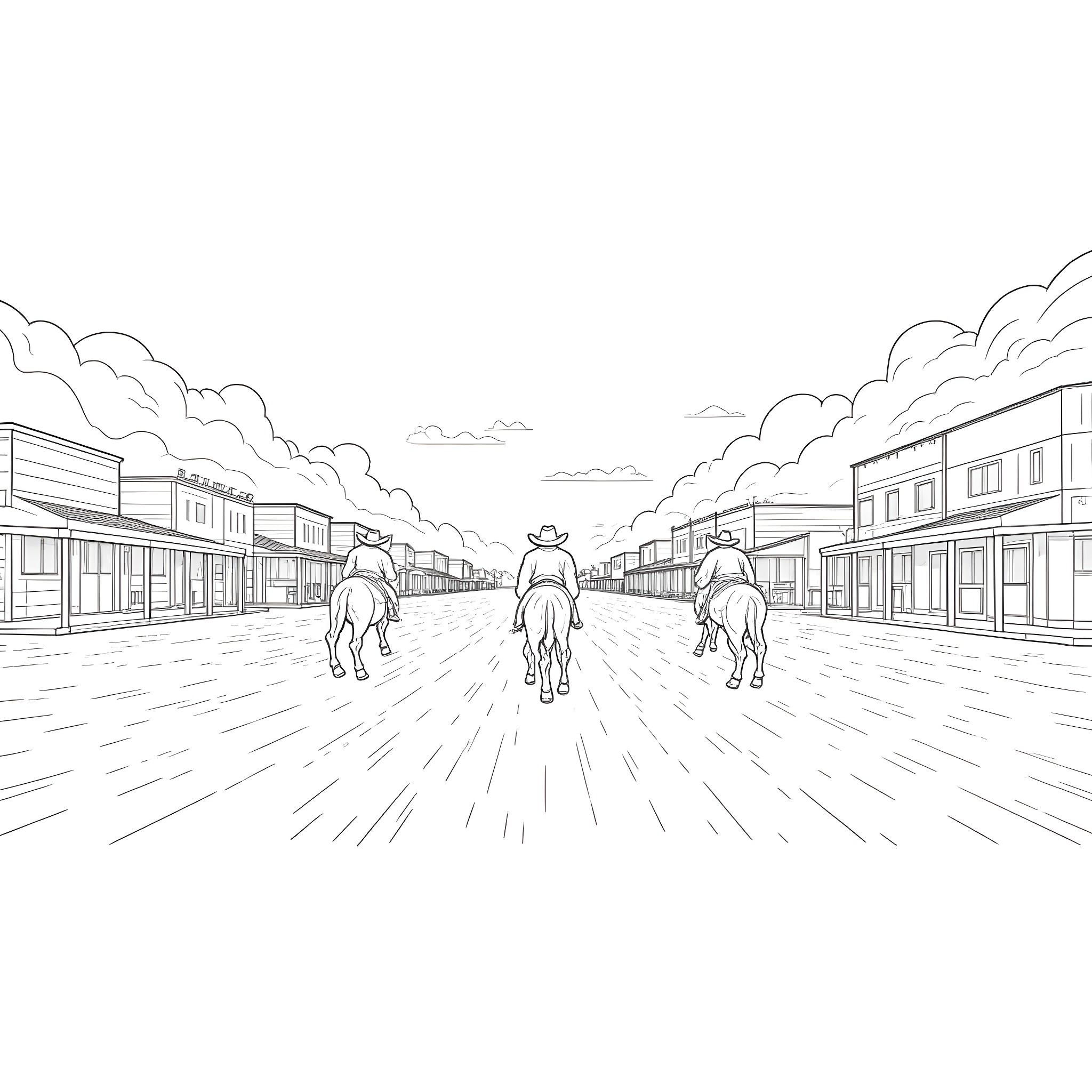 Cowboy trio riding down the dusty main street Coloring Page (free black-and-white line drawing printable PDF for all, from beginners to advanced learners, including children, teens, adults, and seniors)