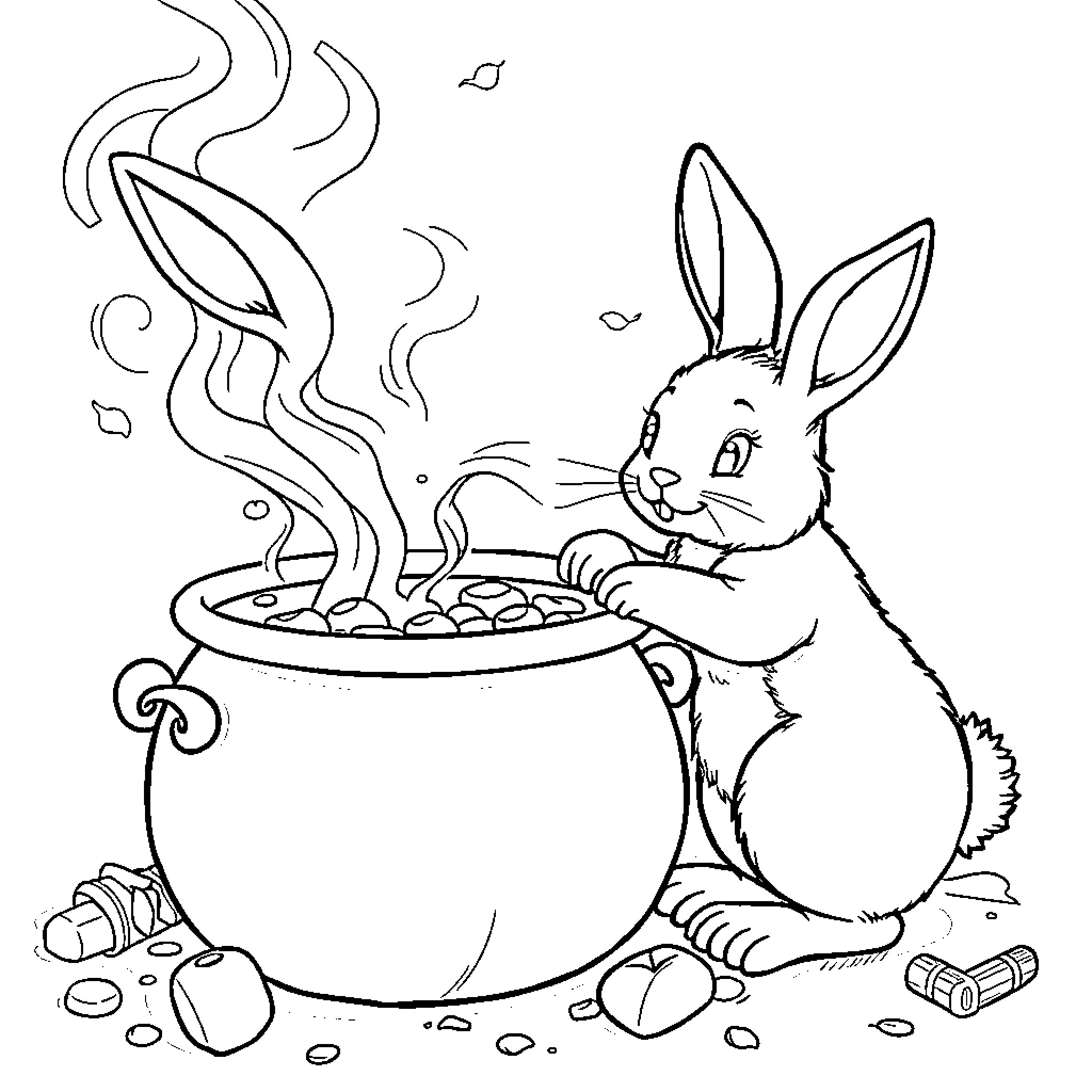 Bunny cooking a steaming pot Coloring Page (free black-and-white line drawing printable PDF for all, from beginners to advanced learners, including children, teens, adults, and seniors)