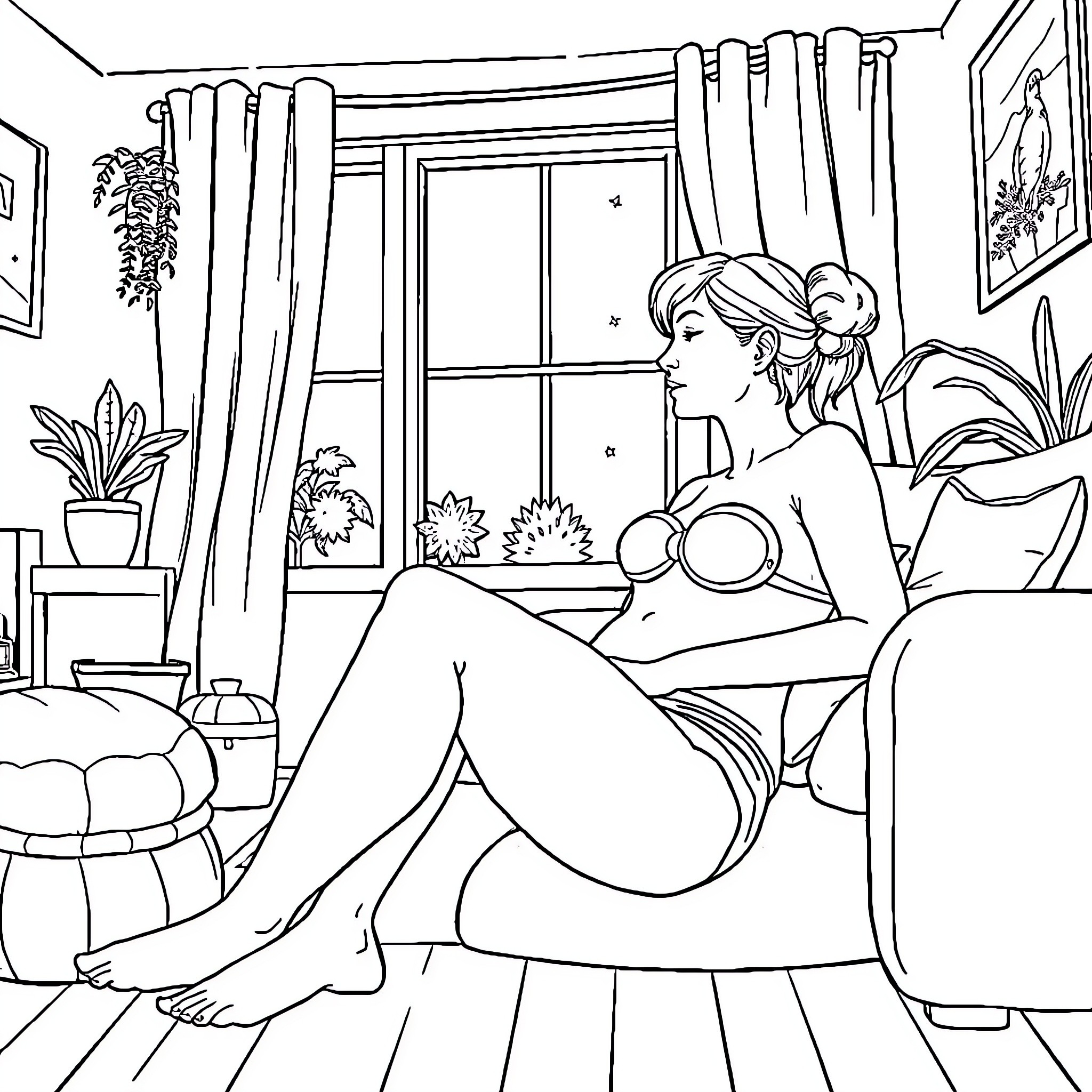 Woman relaxing in cozy home interior Coloring Page (free black-and-white line drawing printable PDF for all, from beginners to advanced learners, including children, teens, adults, and seniors)