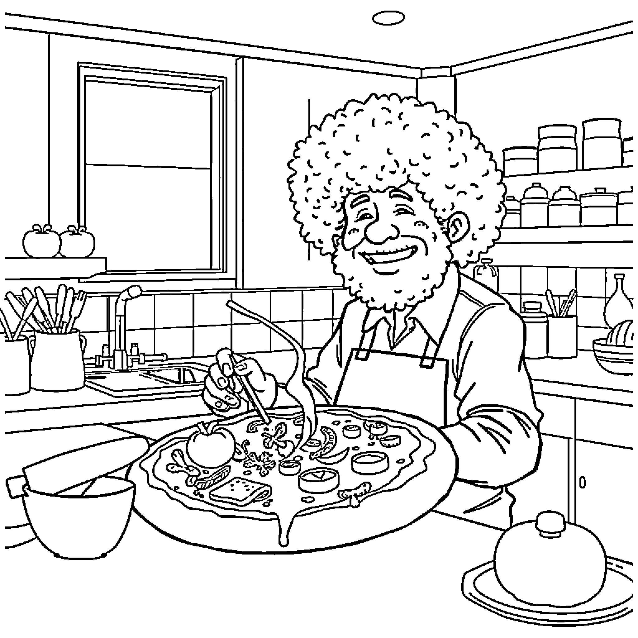 Bob Ross cooking delicious meals in the kitchen Coloring Page (free black-and-white line drawing printable PDF for all, from beginners to advanced learners, including children, teens, adults, and seniors)