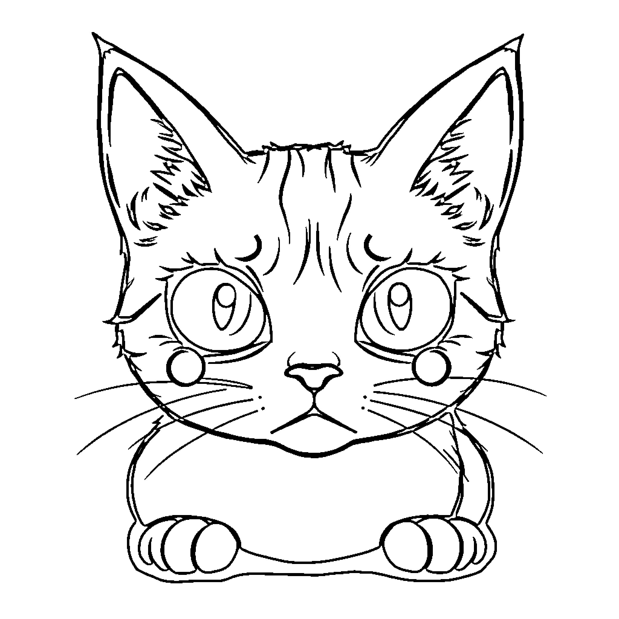 Cat with big eyes staring intently Coloring Page (free black-and-white line drawing printable PDF for all, from beginners to advanced learners, including children, teens, adults, and seniors)