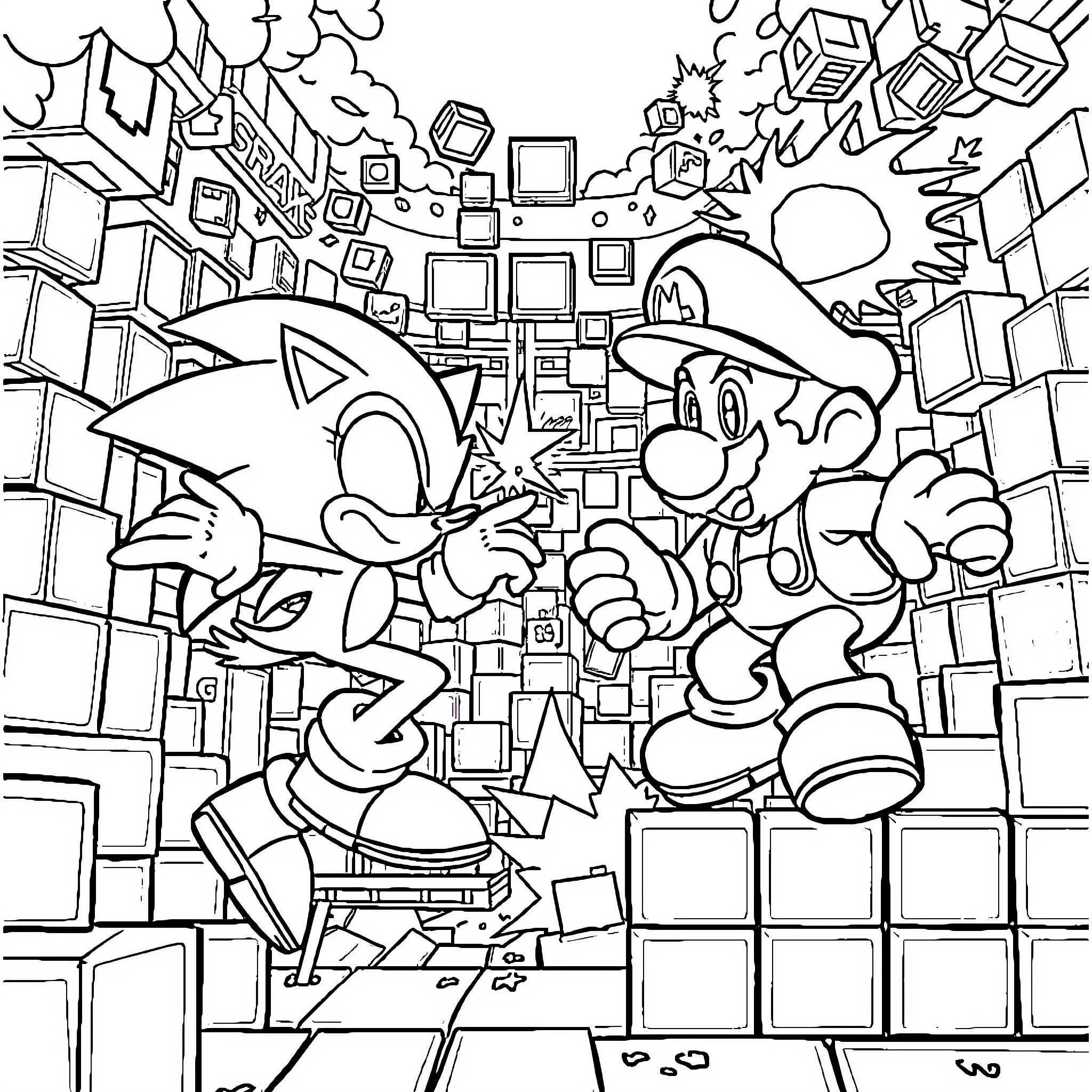 Sonic characters in an abstract digital environment Coloring Page (free black-and-white line drawing printable PDF for all, from beginners to advanced learners, including children, teens, adults, and seniors)