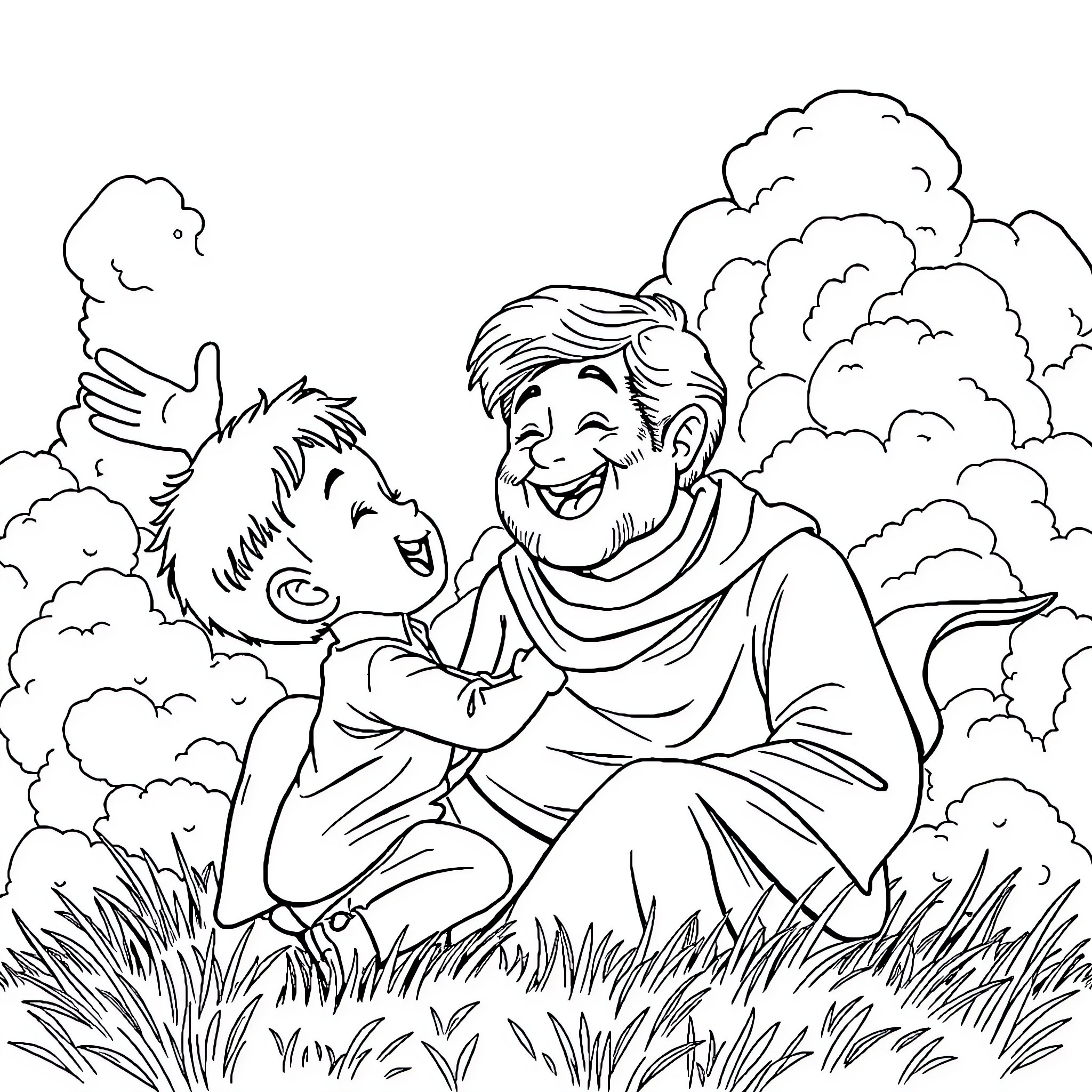 Boy embraced by loving adult in grassy field Coloring Page (free black-and-white line drawing printable PDF for all, from beginners to advanced learners, including children, teens, adults, and seniors)