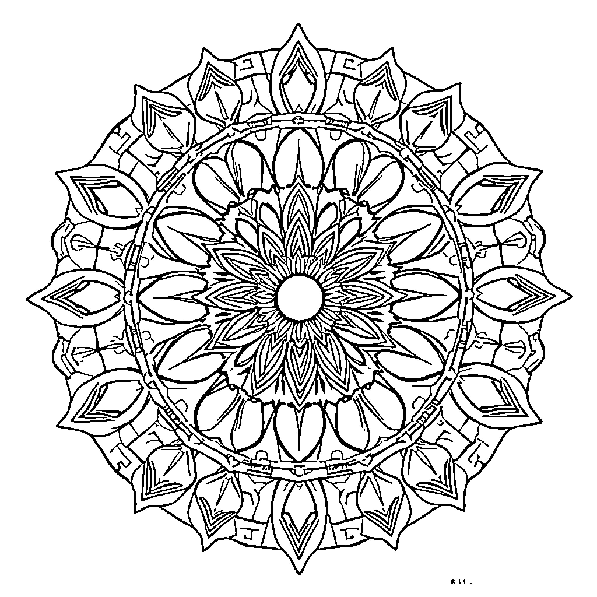Mandala of intricate floral designs Coloring Page (free black-and-white line drawing printable PDF for all, from beginners to advanced learners, including children, teens, adults, and seniors)