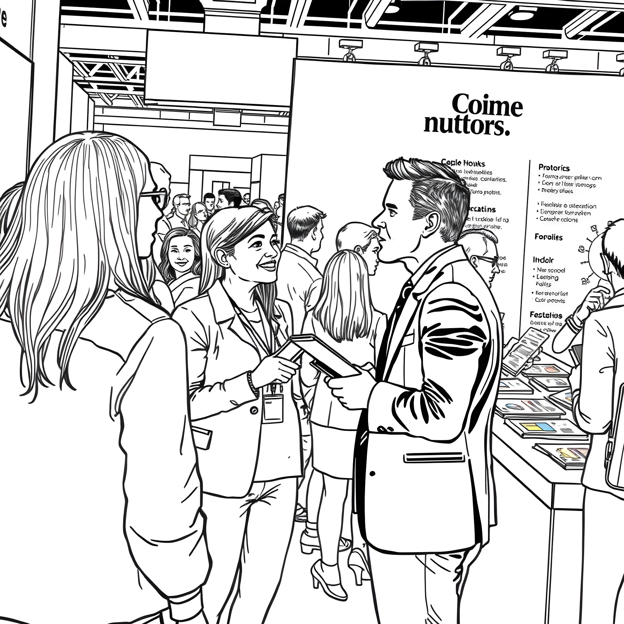Recruiter interacting with candidates at a career fair Coloring Page (free black-and-white line drawing printable PDF for all, from beginners to advanced learners, including children, teens, adults, and seniors)