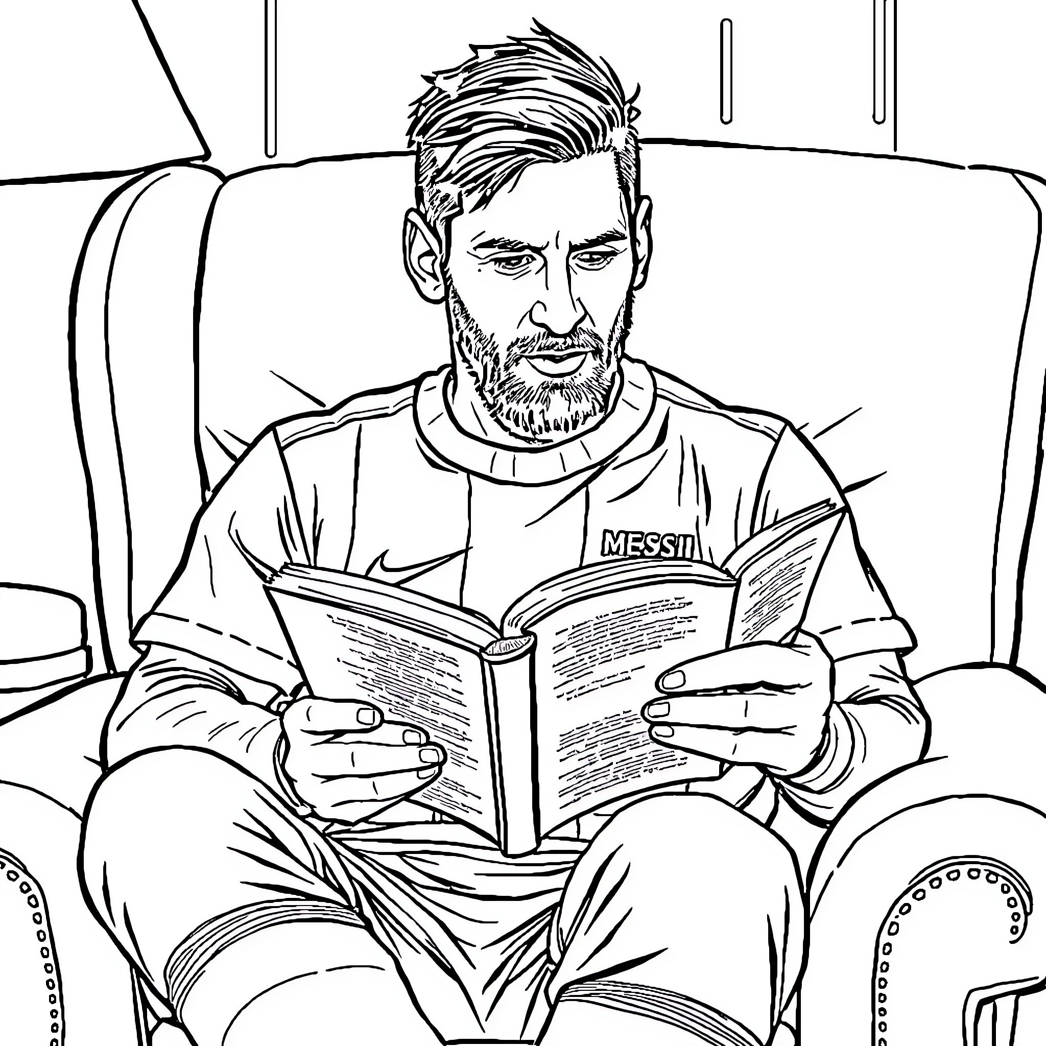 Messi reading book intently on stadium bench Coloring Page (free black-and-white line drawing printable PDF for all, from beginners to advanced learners, including children, teens, adults, and seniors)