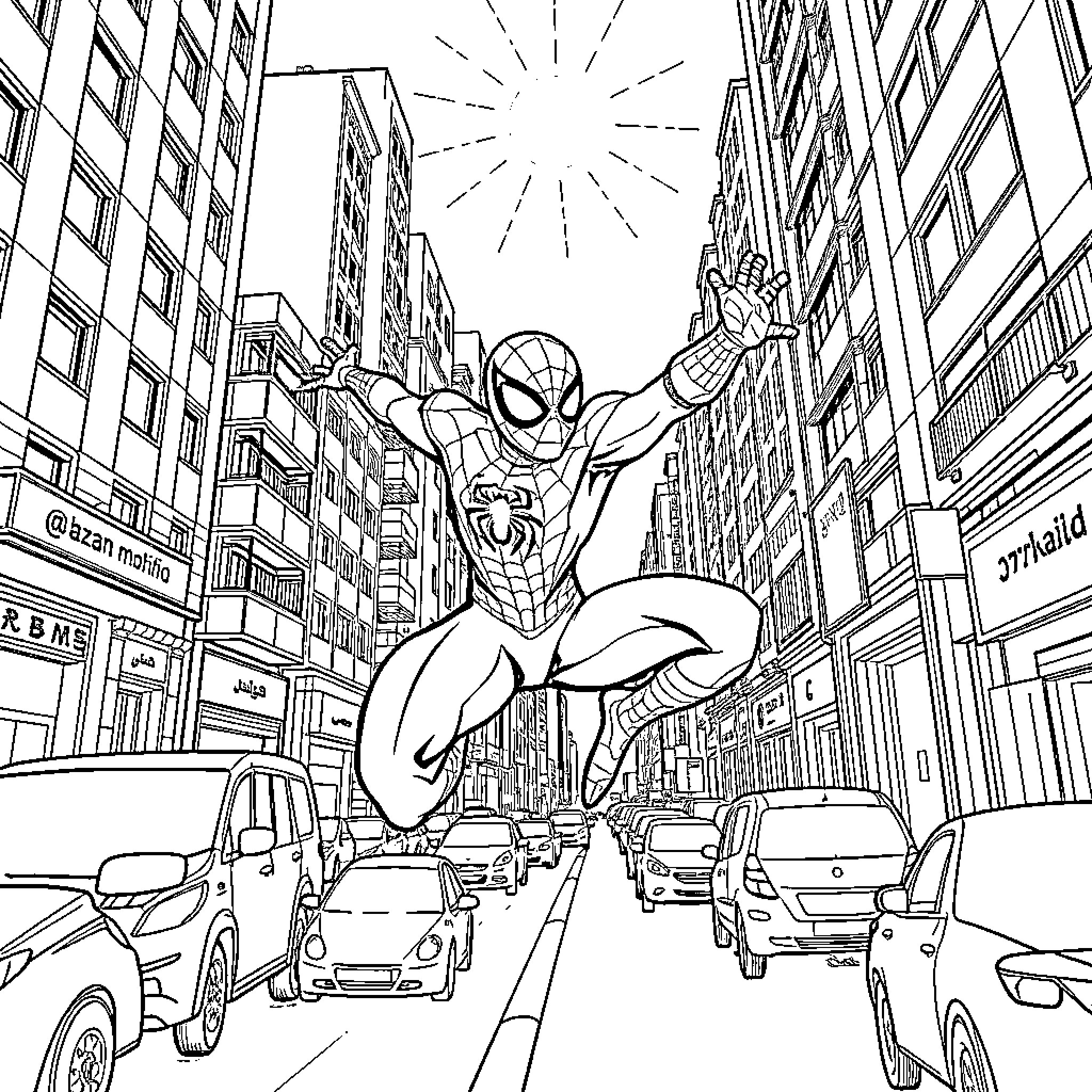 Spiderman swinging through the busy city streets Coloring Page (free black-and-white line drawing printable PDF for all, from beginners to advanced learners, including children, teens, adults, and seniors)