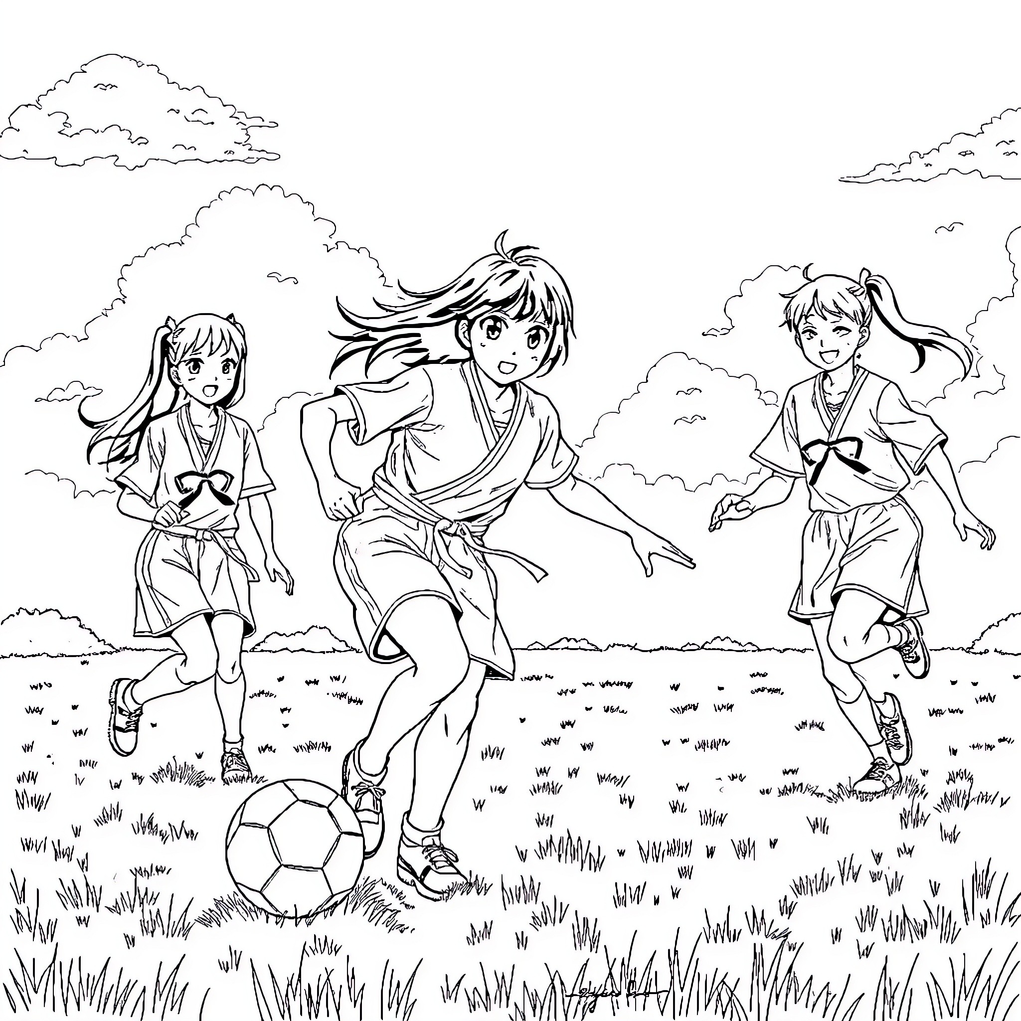Nanami Kento and friends playing soccer in the park Coloring Page (free black-and-white line drawing printable PDF for all, from beginners to advanced learners, including children, teens, adults, and seniors)
