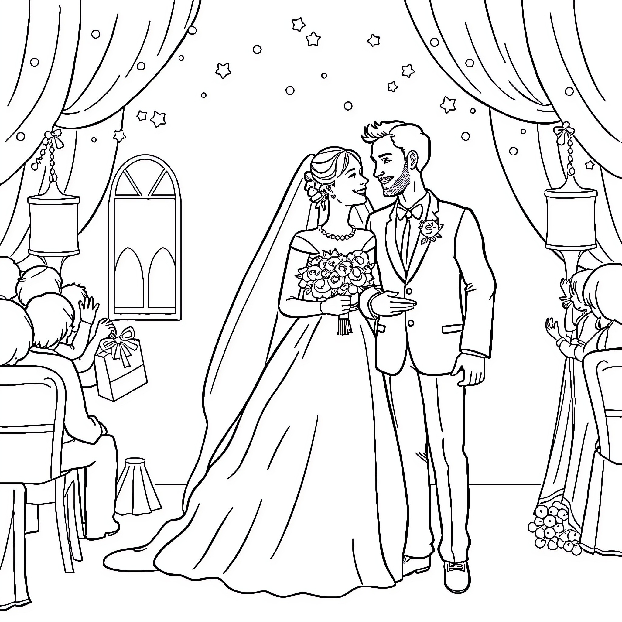 Musse's Elegant Wedding Celebration Coloring Page (free black-and-white line drawing printable PDF for all, from beginners to advanced learners, including children, teens, adults, and seniors)