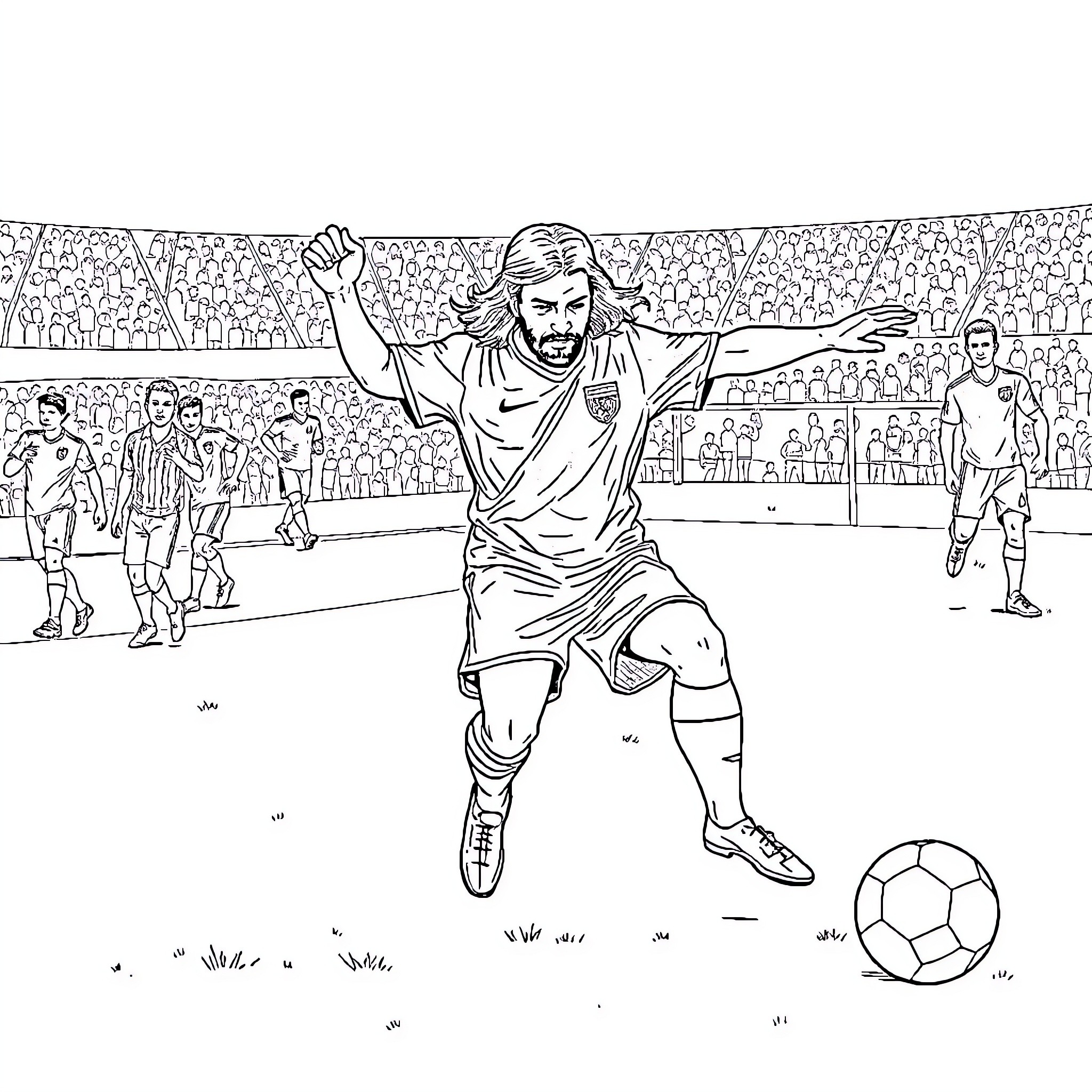 Jesus Celebrates Victory on the Soccer Field Coloring Page (free black-and-white line drawing printable PDF for all, from beginners to advanced learners, including children, teens, adults, and seniors)