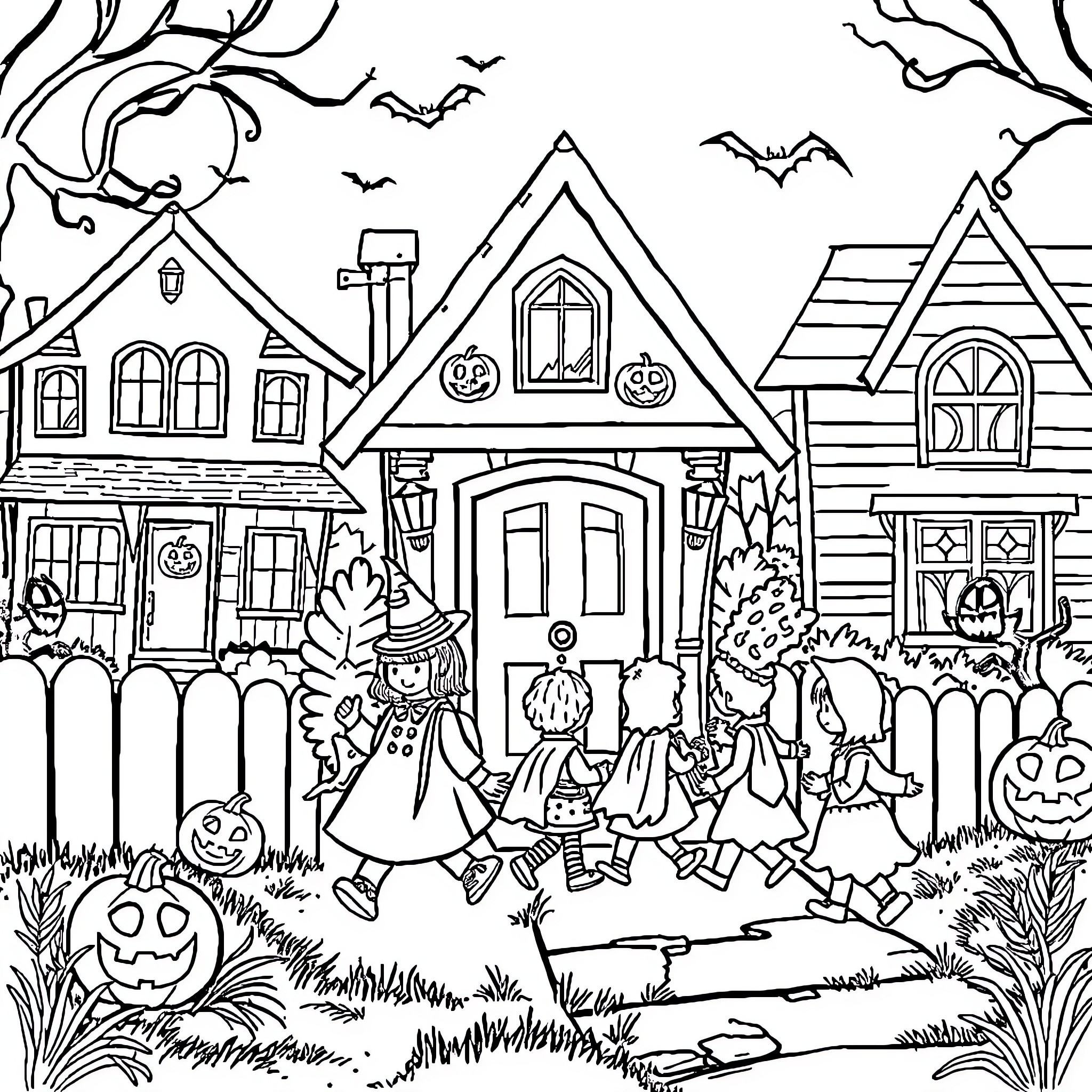 Halloween Trick-or-Treating in Spooky Neighborhood Coloring Page (free black-and-white line drawing printable PDF for all, from beginners to advanced learners, including children, teens, adults, and seniors)