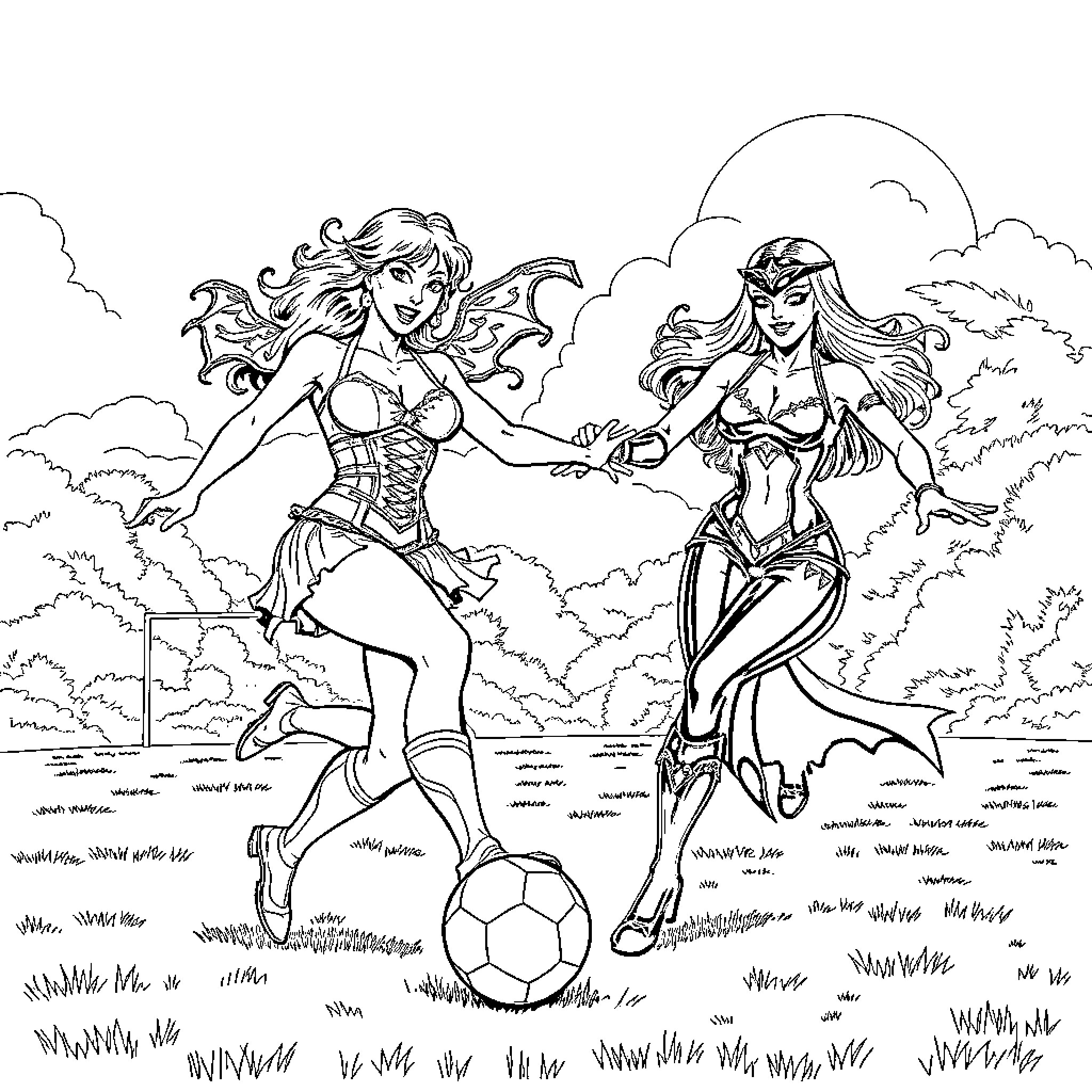Red Sonja and Fierce Warrior Women Playing Soccer in the Countryside Coloring Page (free black-and-white line drawing printable PDF for all, from beginners to advanced learners, including children, teens, adults, and seniors)
