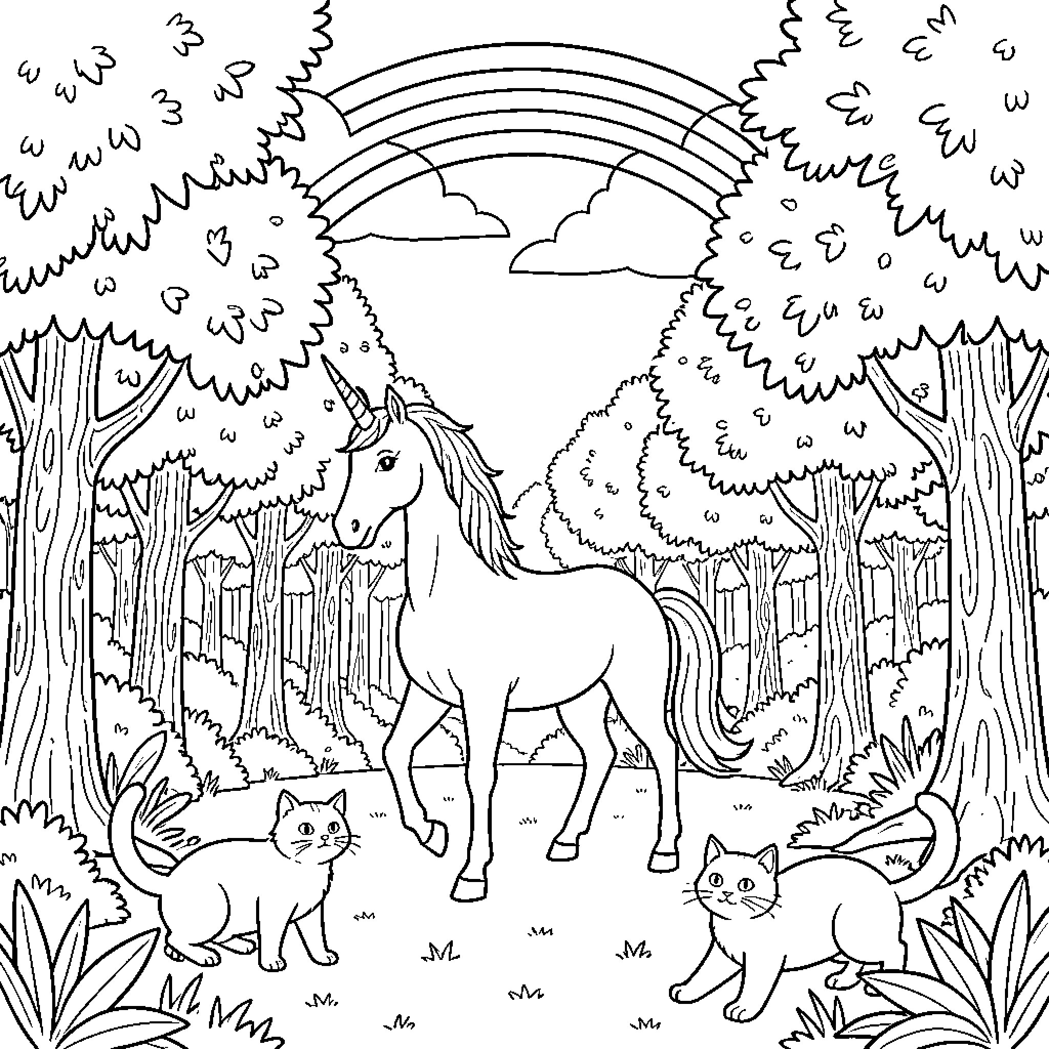 Unicorn standing in a magical forest with rainbow Coloring Page (free black-and-white line drawing printable PDF for all, from beginners to advanced learners, including children, teens, adults, and seniors)
