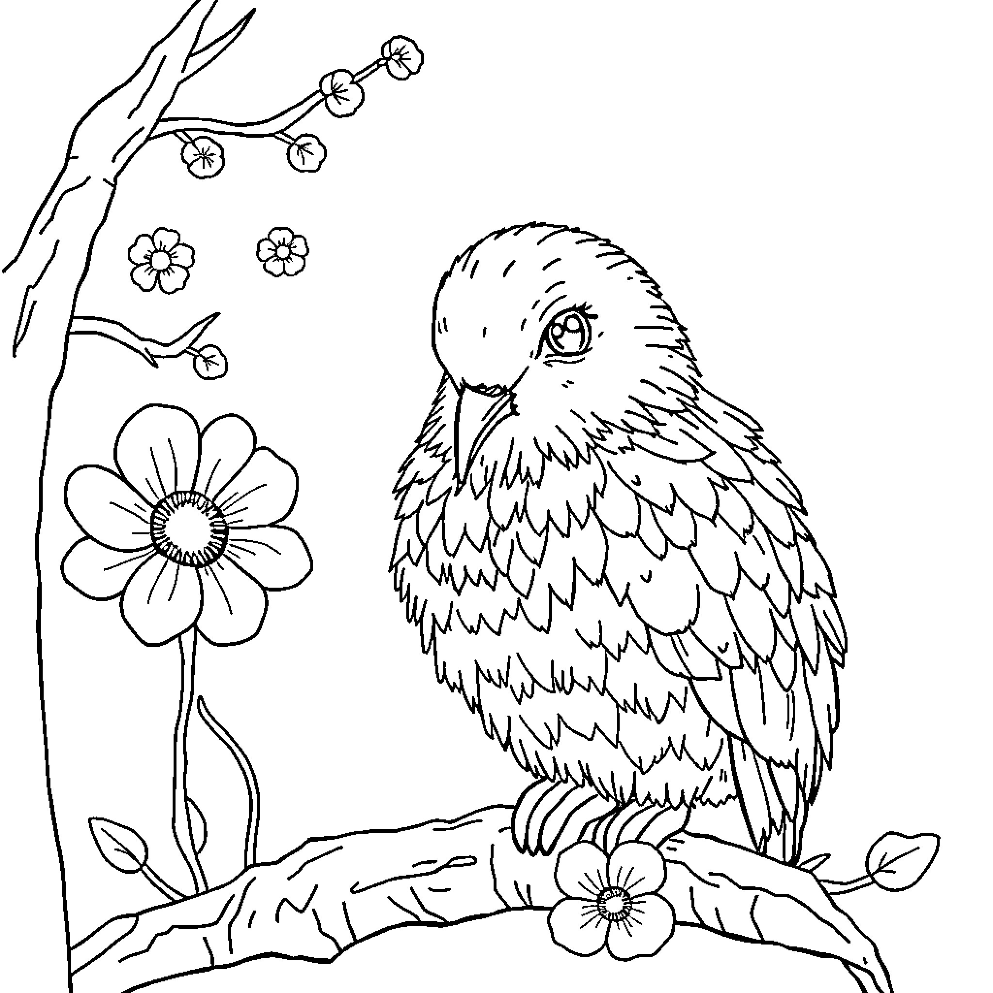 Child's Drawing of Bird in Nature Coloring Page (free black-and-white line drawing printable PDF for all, from beginners to advanced learners, including children, teens, adults, and seniors)