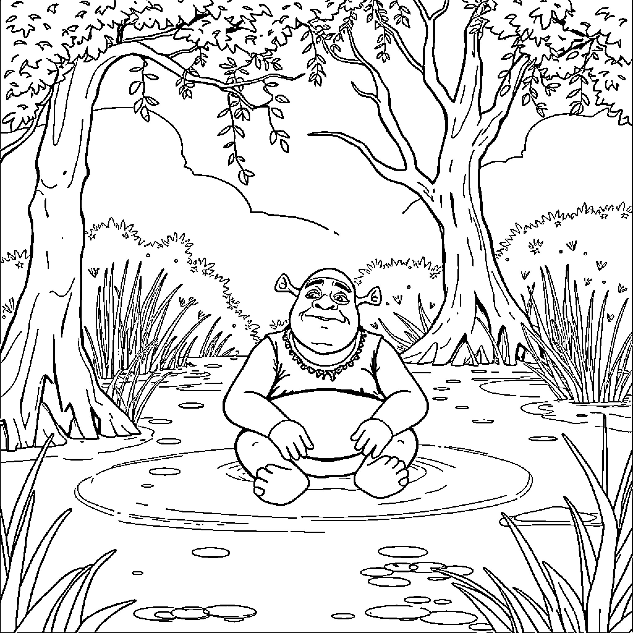 Shrek meditating peacefully in the tranquil forest Coloring Page (free black-and-white line drawing printable PDF for all, from beginners to advanced learners, including children, teens, adults, and seniors)