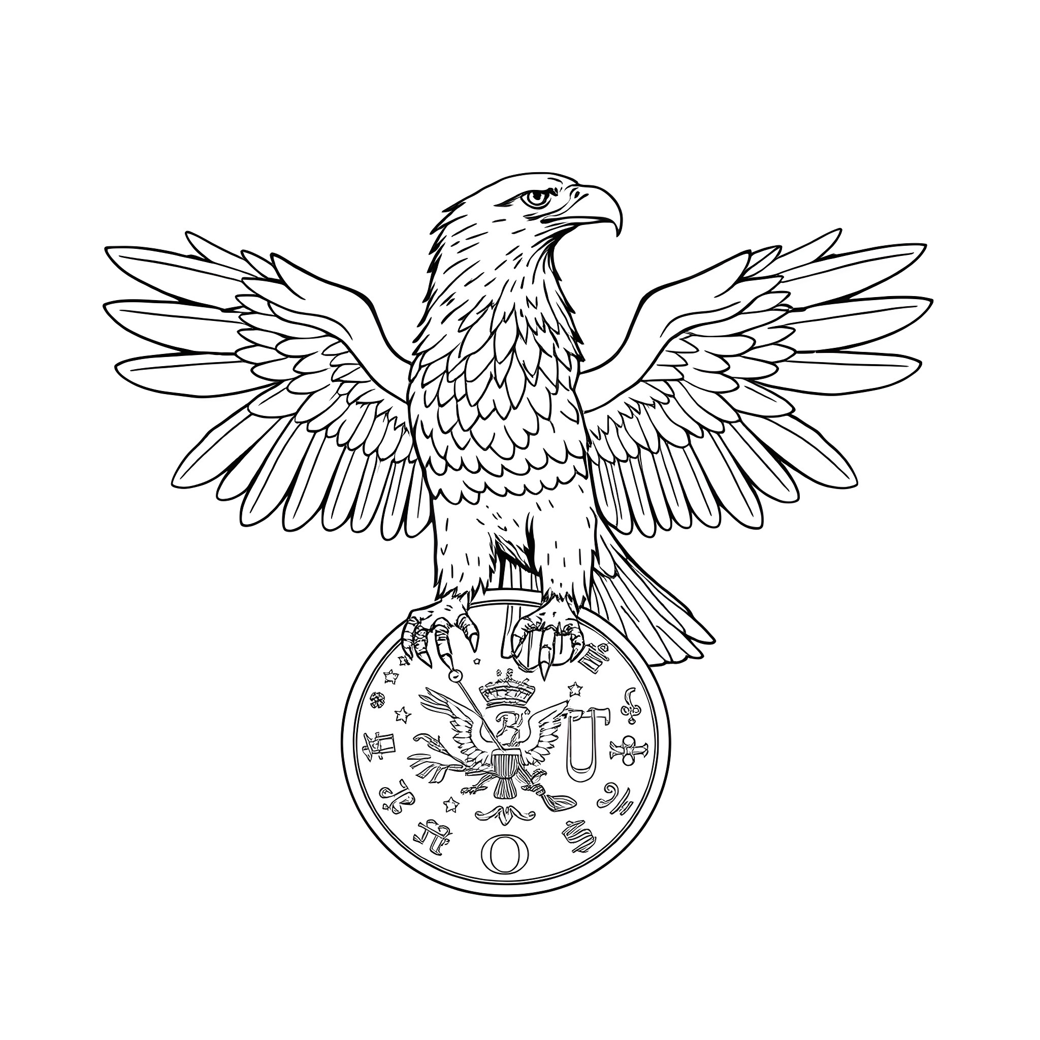 Eagle with Spreading Wings and Emblem Coloring Page (free black-and-white line drawing printable PDF for all, from beginners to advanced learners, including children, teens, adults, and seniors)