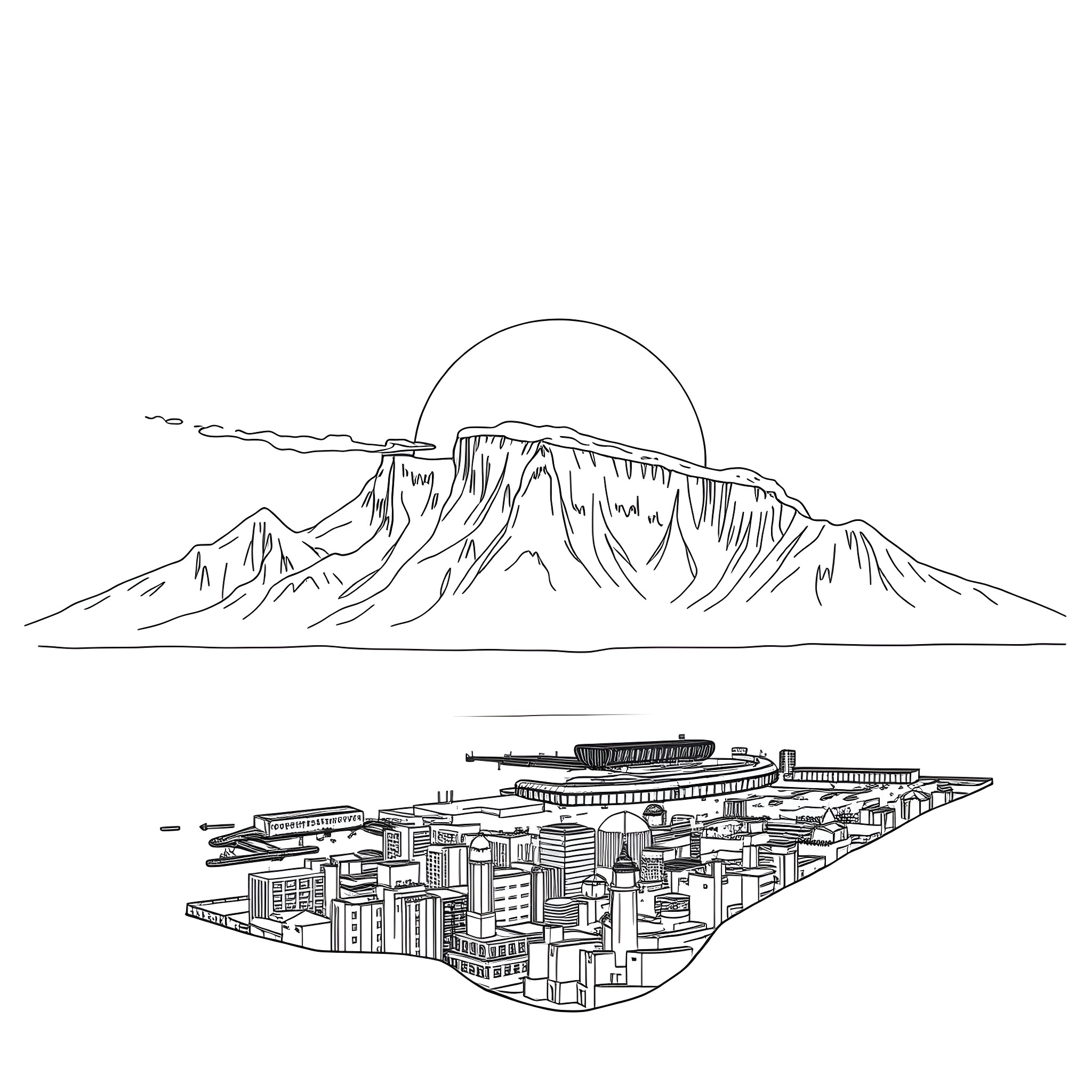 Mountain Landscape with Cityscape Coloring Page (free black-and-white line drawing printable PDF for all, from beginners to advanced learners, including children, teens, adults, and seniors)