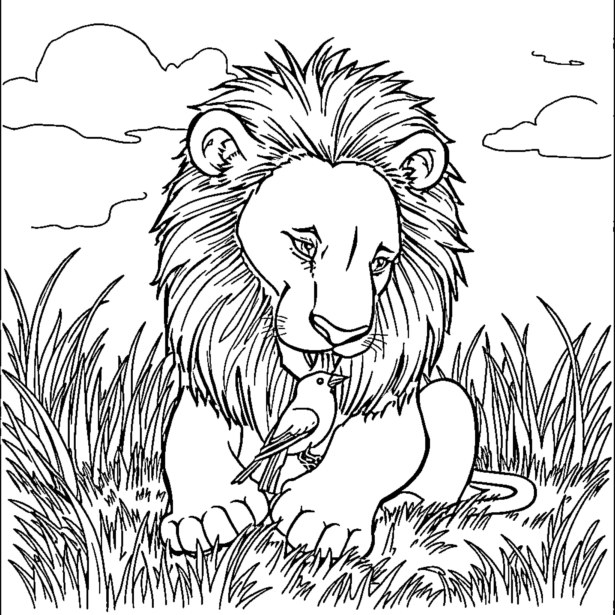 Lion relaxing in grassy field with bird Coloring Page (free black-and-white line drawing printable PDF for all, from beginners to advanced learners, including children, teens, adults, and seniors)