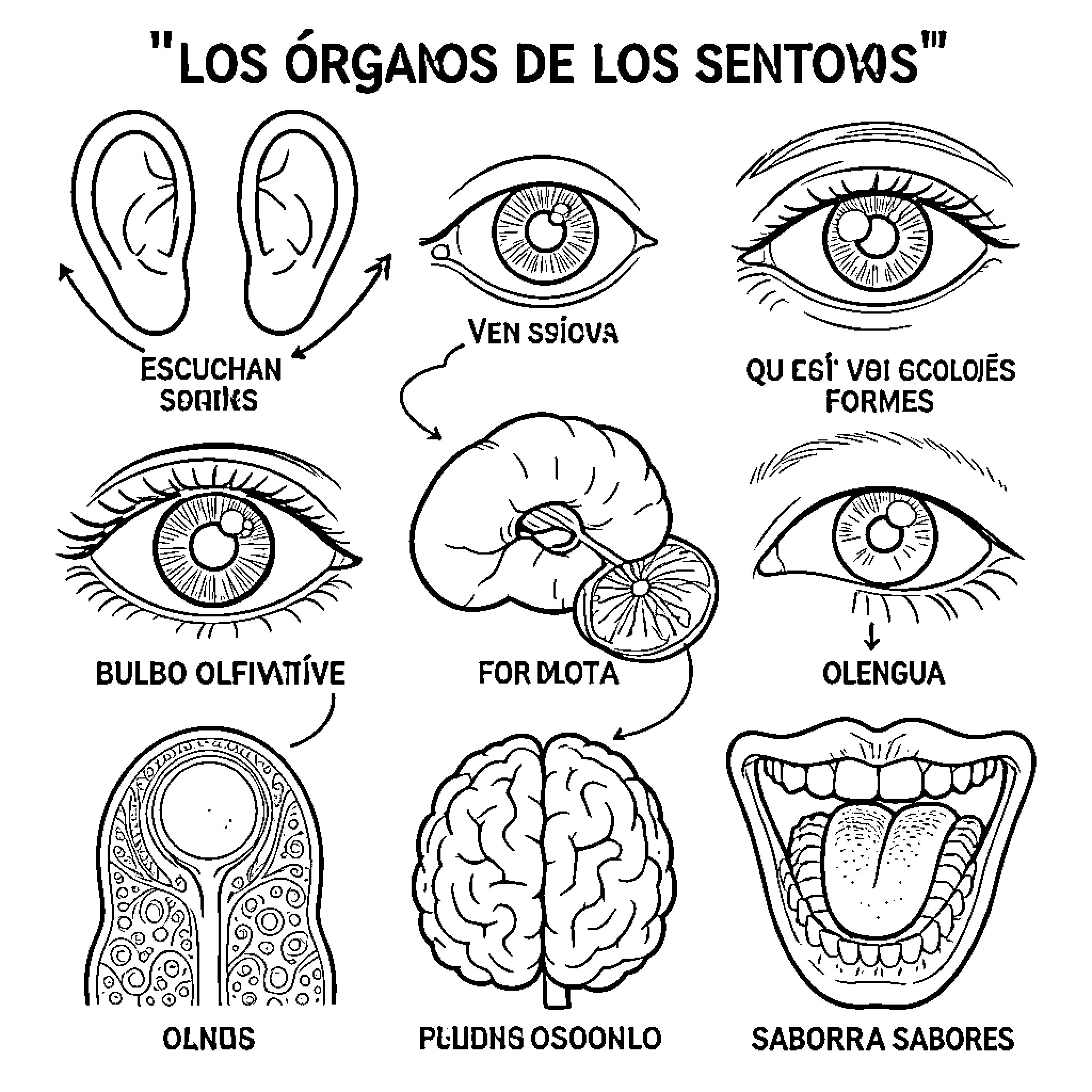 Sense Organ Illustrations with Spanish Labels Coloring Page (free black-and-white line drawing printable PDF for all, from beginners to advanced learners, including children, teens, adults, and seniors)
