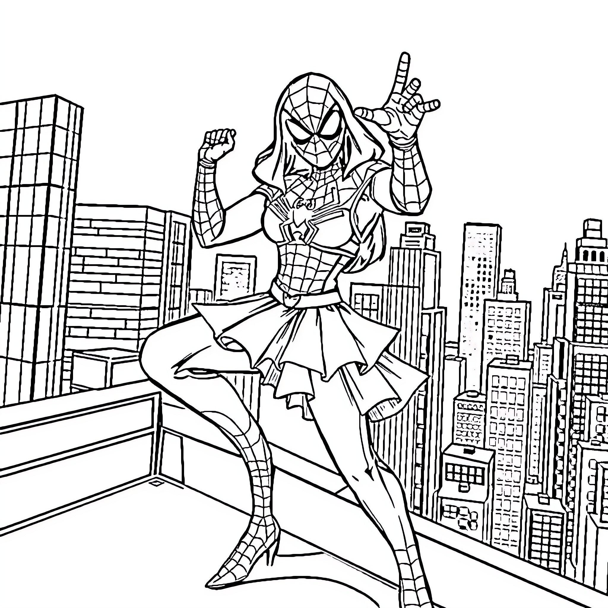 Spider-Man swinging through the city skyline Coloring Page (free black-and-white line drawing printable PDF for all, from beginners to advanced learners, including children, teens, adults, and seniors)