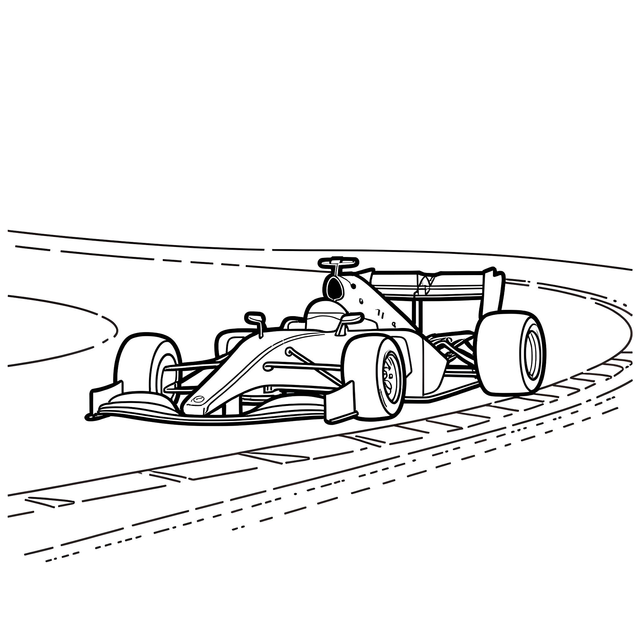 Formula 1 race car in action on the track Coloring Page (free black-and-white line drawing printable PDF for all, from beginners to advanced learners, including children, teens, adults, and seniors)