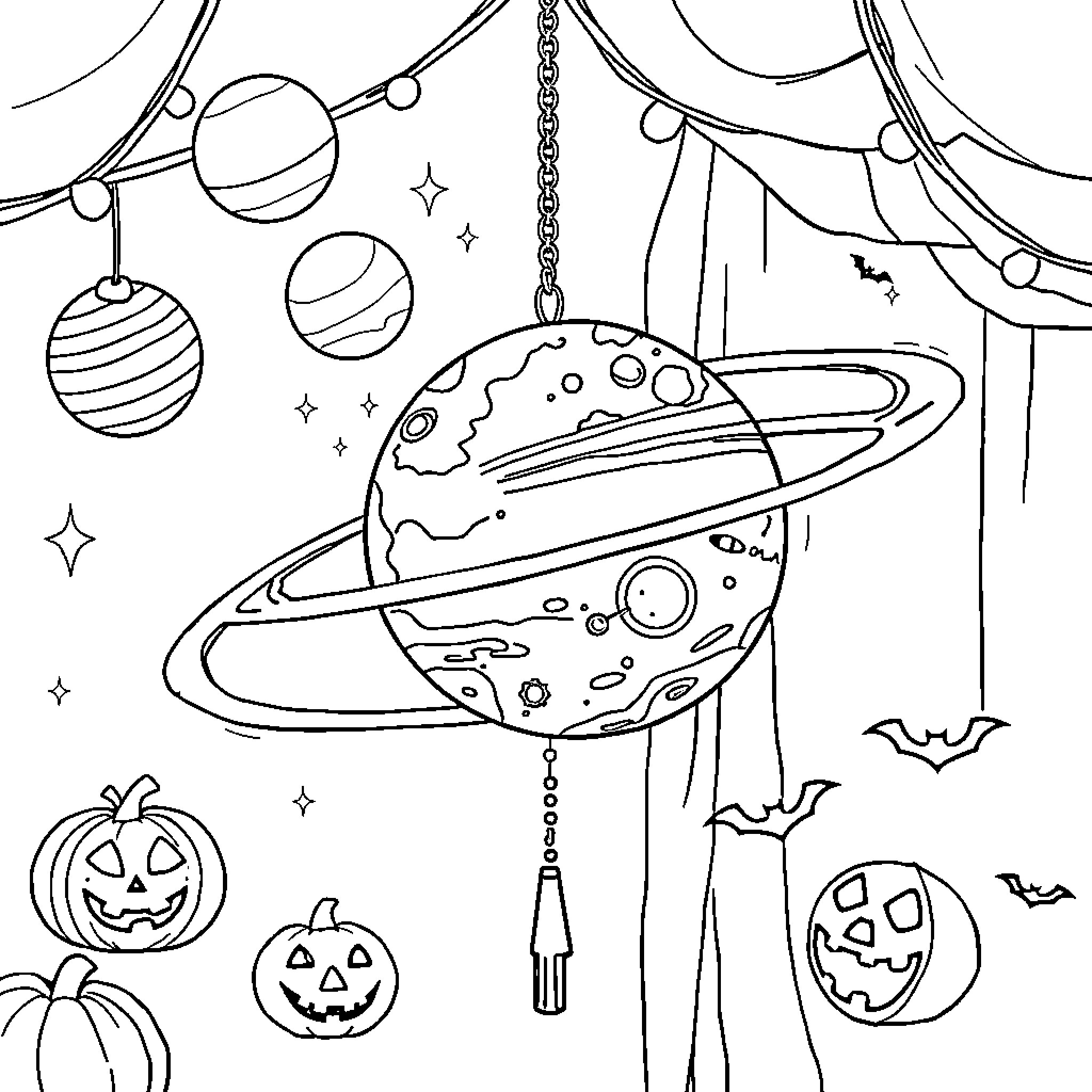 Solar System Halloween Decorations Coloring Page (free black-and-white line drawing printable PDF for all, from beginners to advanced learners, including children, teens, adults, and seniors)
