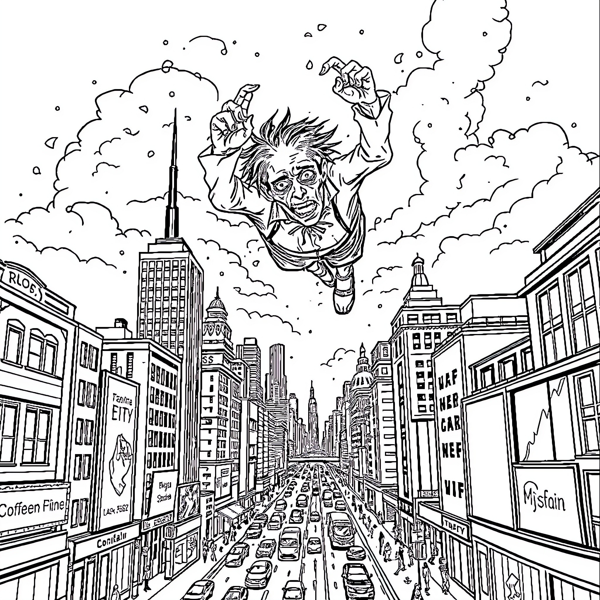Zombie Superhero Soaring Over City Streets Coloring Page (free black-and-white line drawing printable PDF for all, from beginners to advanced learners, including children, teens, adults, and seniors)