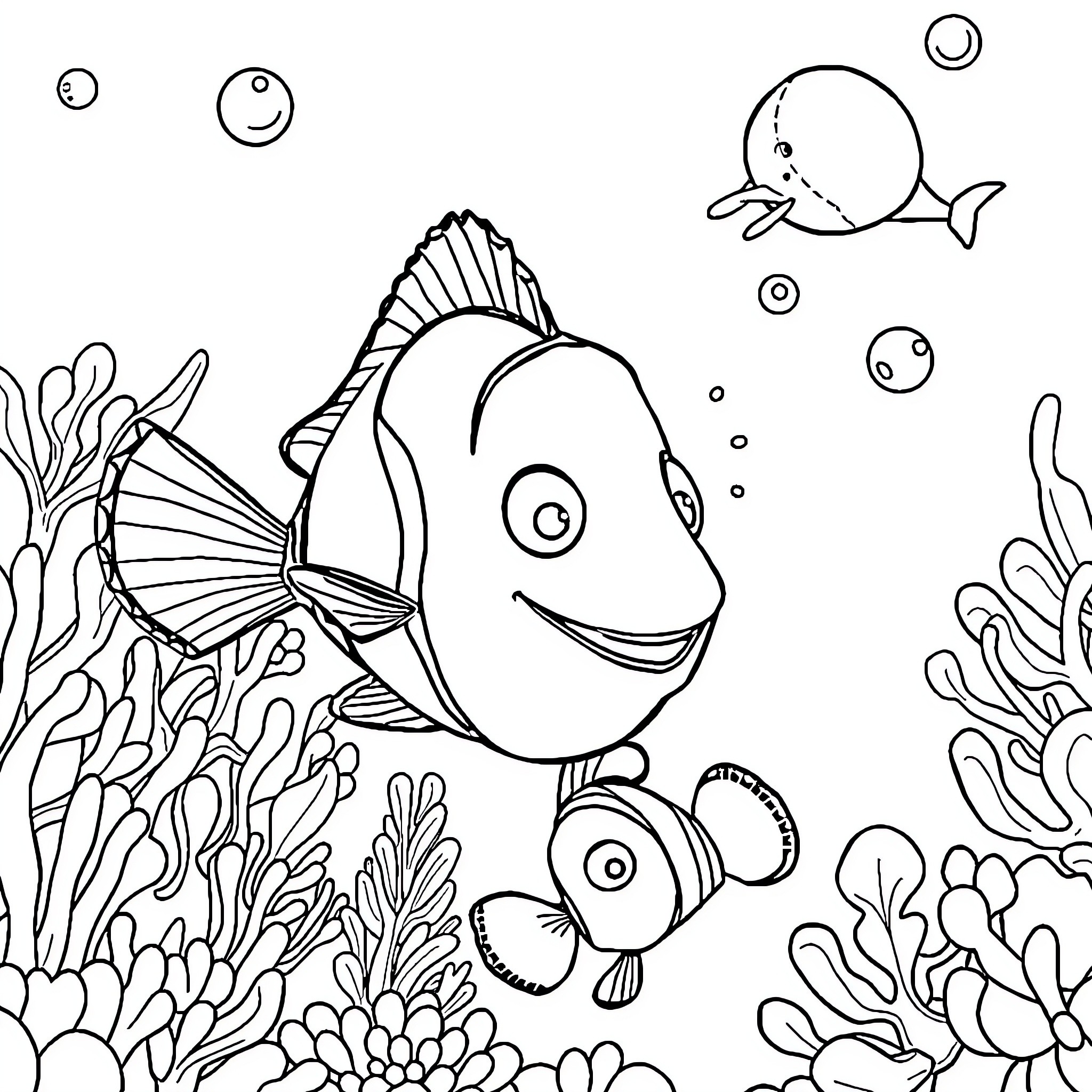 Nemo and friends explore the vibrant underwater world Coloring Page (free black-and-white line drawing printable PDF for all, from beginners to advanced learners, including children, teens, adults, and seniors)
