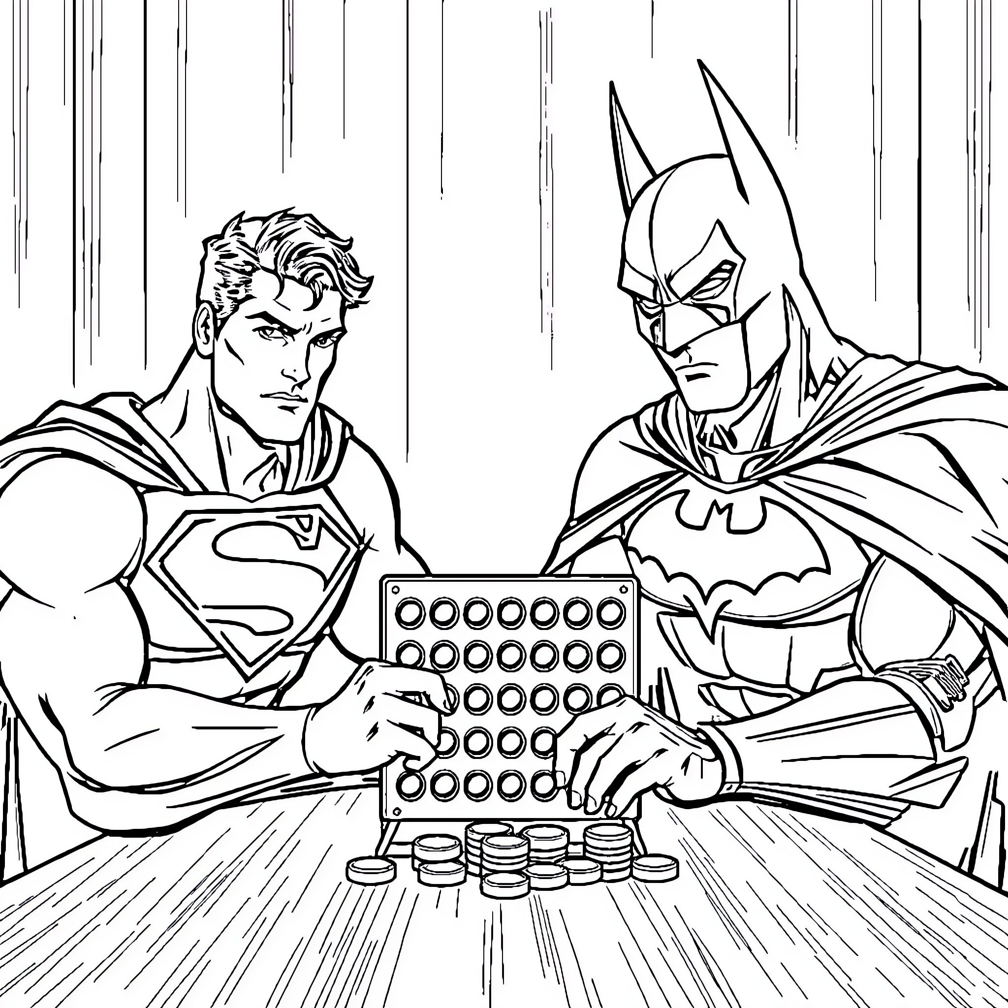 Superman and Batman battle together with advanced technology Coloring Page (free black-and-white line drawing printable PDF for all, from beginners to advanced learners, including children, teens, adults, and seniors)