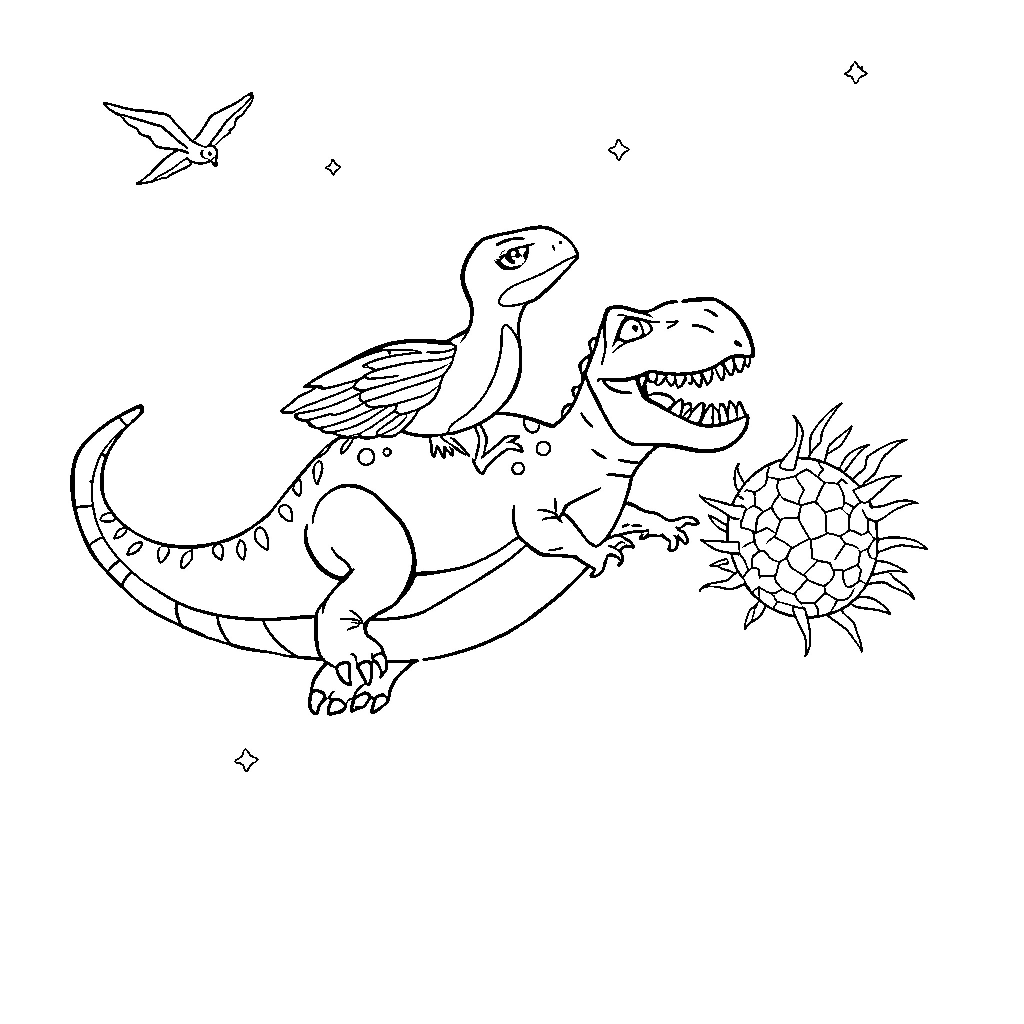 Rocket Dinosaurs and Birds in Whimsical Scene Coloring Page (free black-and-white line drawing printable PDF for all, from beginners to advanced learners, including children, teens, adults, and seniors)