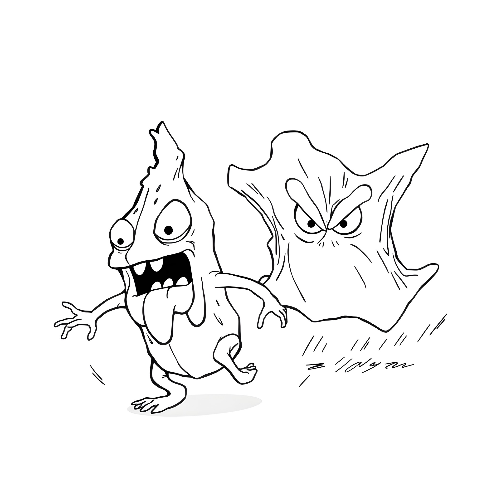 Booger Monster chases angry creature through spooky forest Coloring Page (free black-and-white line drawing printable PDF for all, from beginners to advanced learners, including children, teens, adults, and seniors)