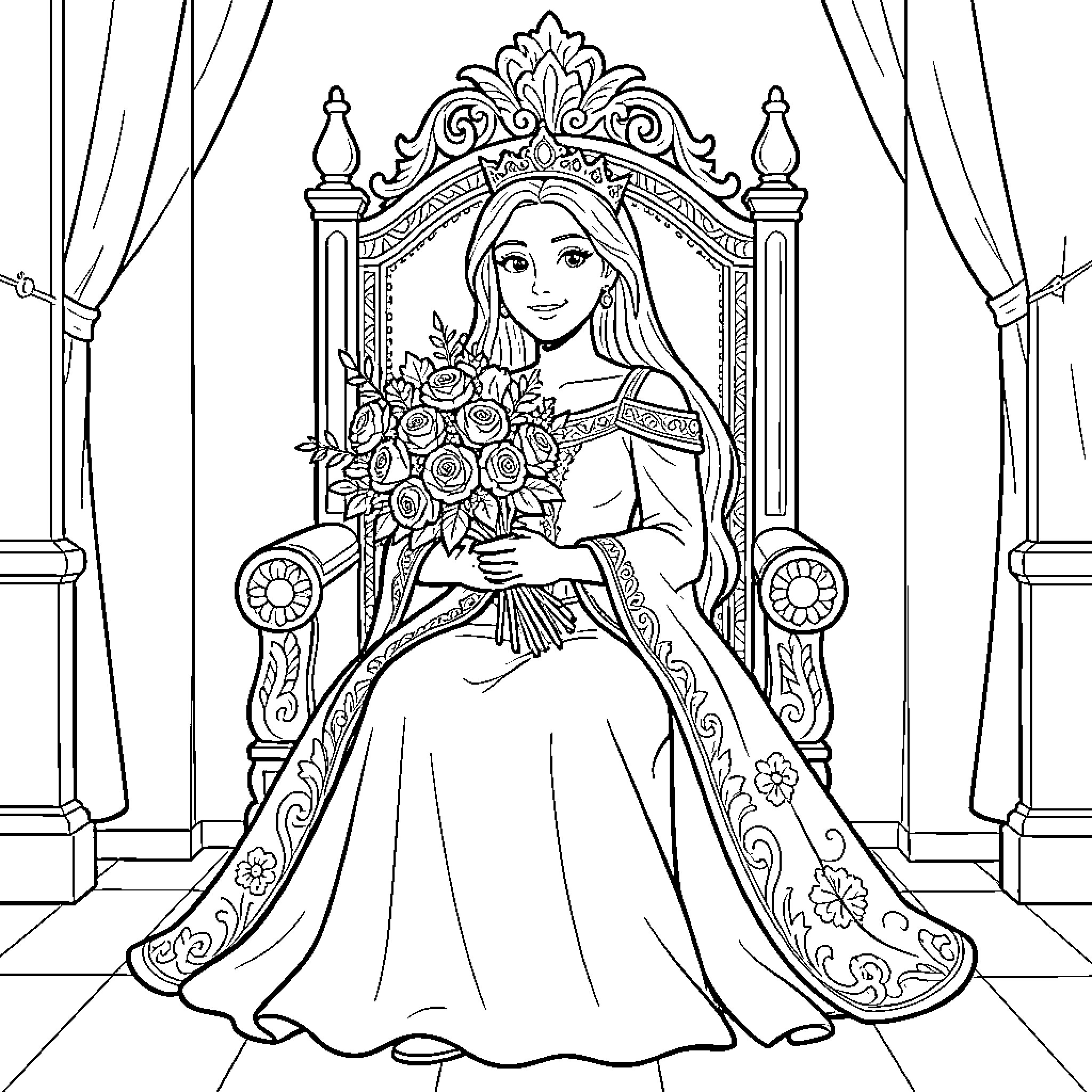 Princess sitting on a throne holding a bouquet Coloring Page (free black-and-white line drawing printable PDF for all, from beginners to advanced learners, including children, teens, adults, and seniors)