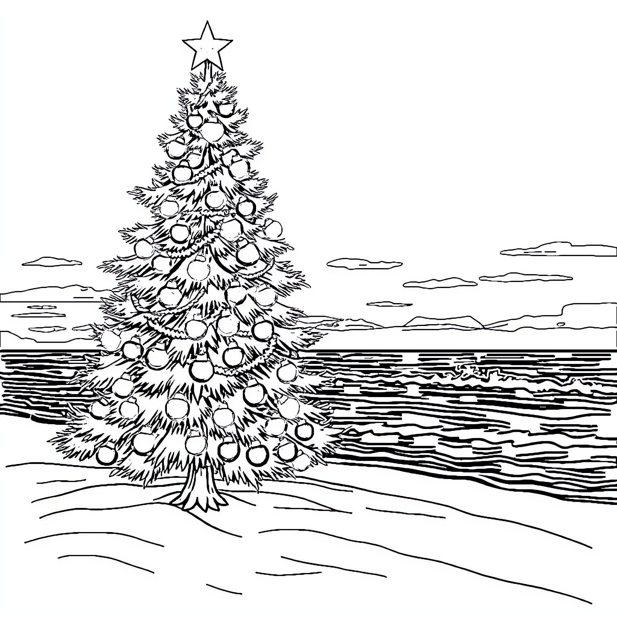 Christmas Tree Adorned with Ornaments by the Sea Coloring Page (free black-and-white line drawing printable PDF for all, from beginners to advanced learners, including children, teens, adults, and seniors)