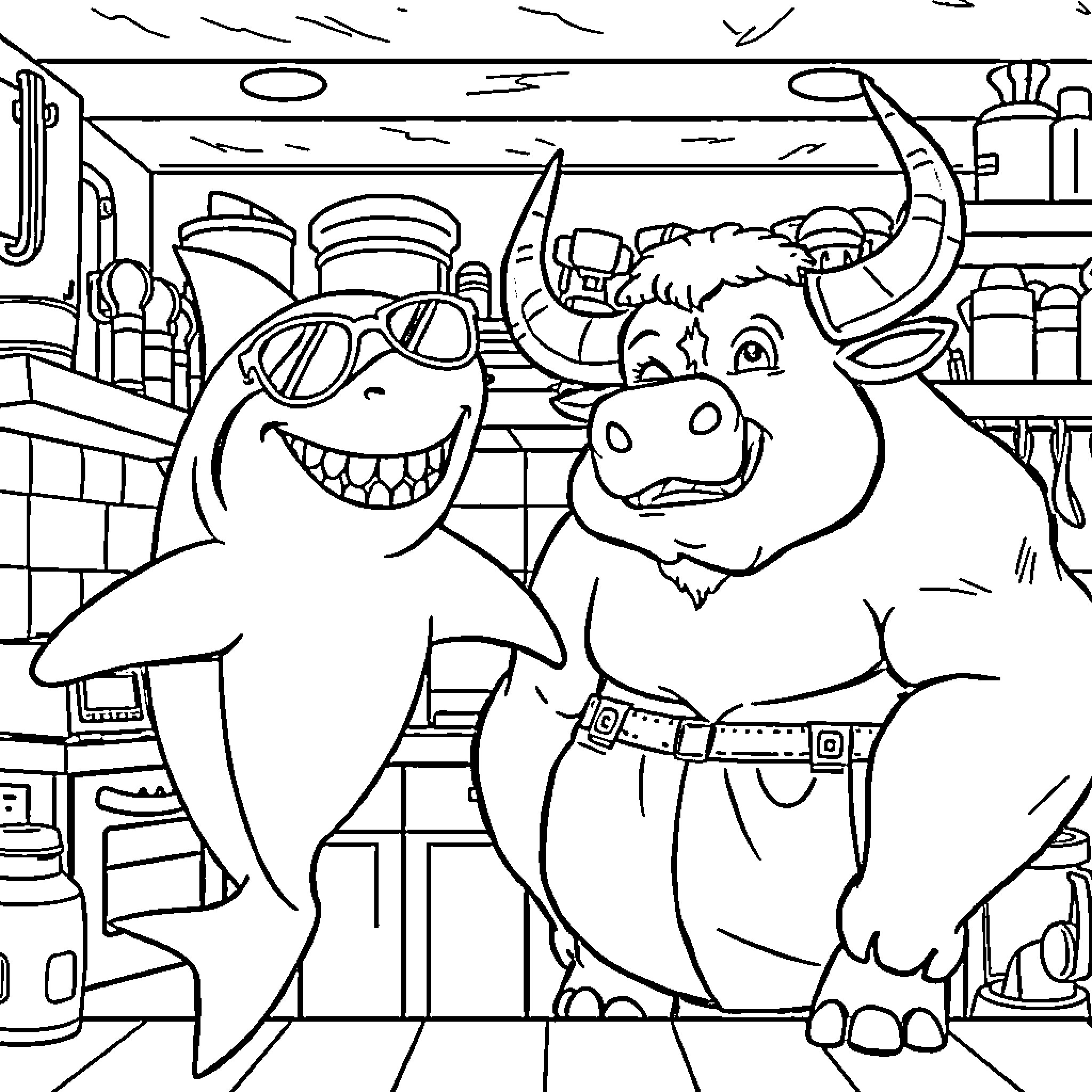 Shark and buffalo working together in a kitchen Coloring Page (free black-and-white line drawing printable PDF for all, from beginners to advanced learners, including children, teens, adults, and seniors)
