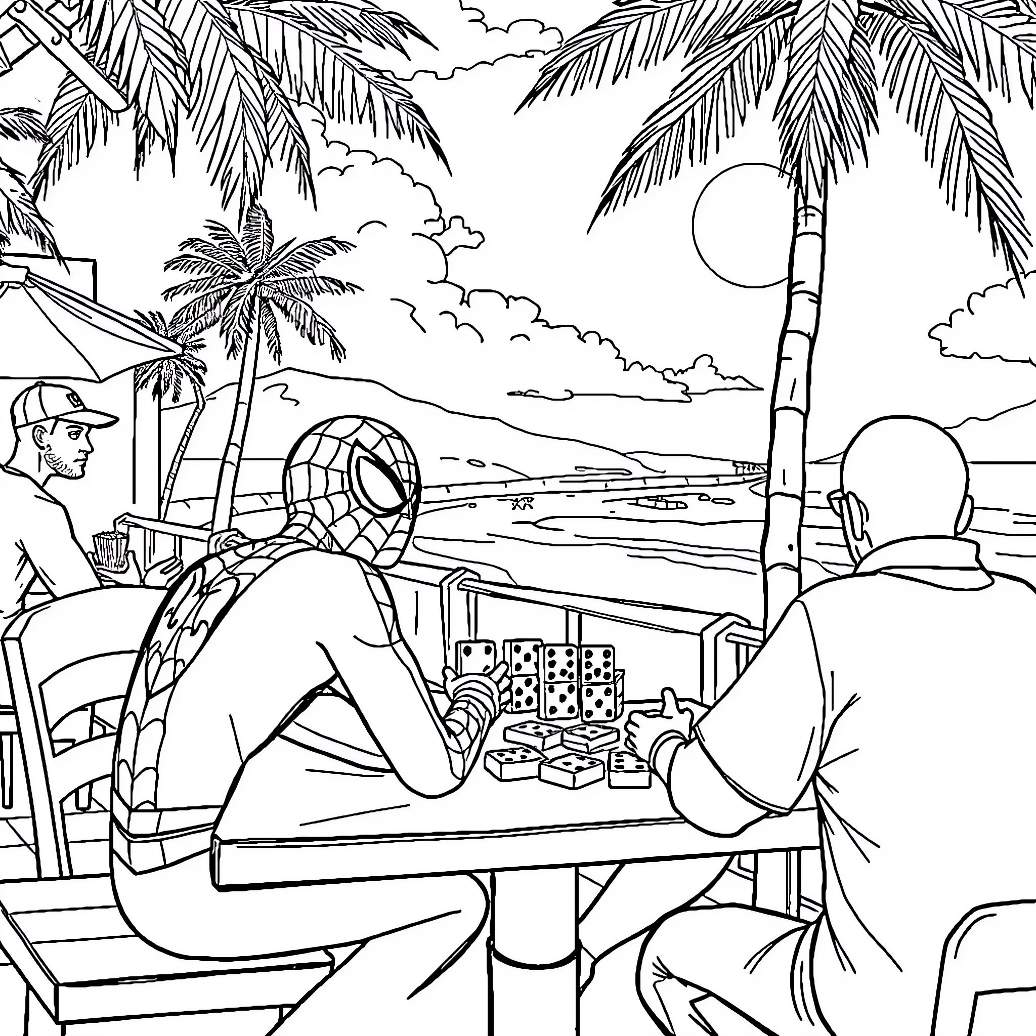 Spiderman enjoying a relaxing day at the beach Coloring Page (free black-and-white line drawing printable PDF for all, from beginners to advanced learners, including children, teens, adults, and seniors)
