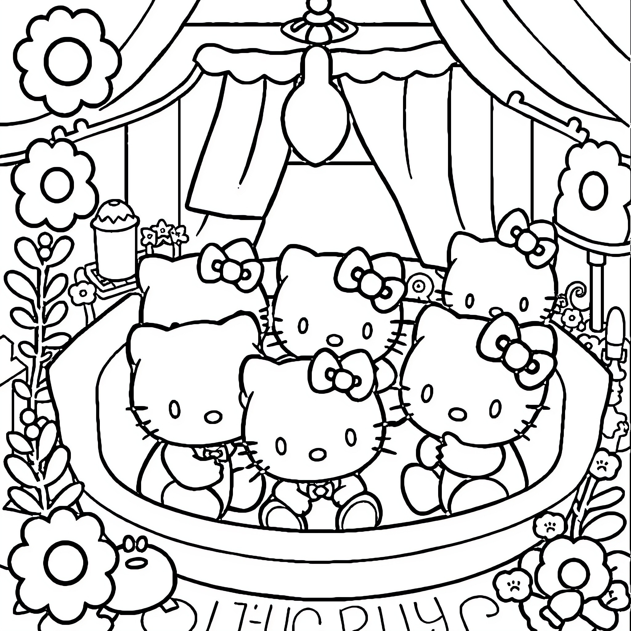 Hello Kitty and friends performing on stage Coloring Page (free black-and-white line drawing printable PDF for all, from beginners to advanced learners, including children, teens, adults, and seniors)