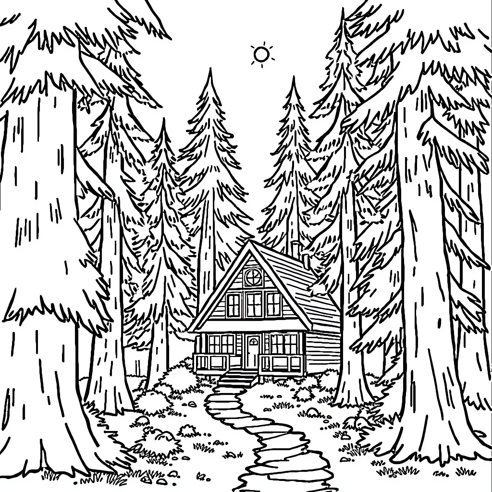 House nestled in the snowy forest landscape Coloring Page (free black-and-white line drawing printable PDF for all, from beginners to advanced learners, including children, teens, adults, and seniors)