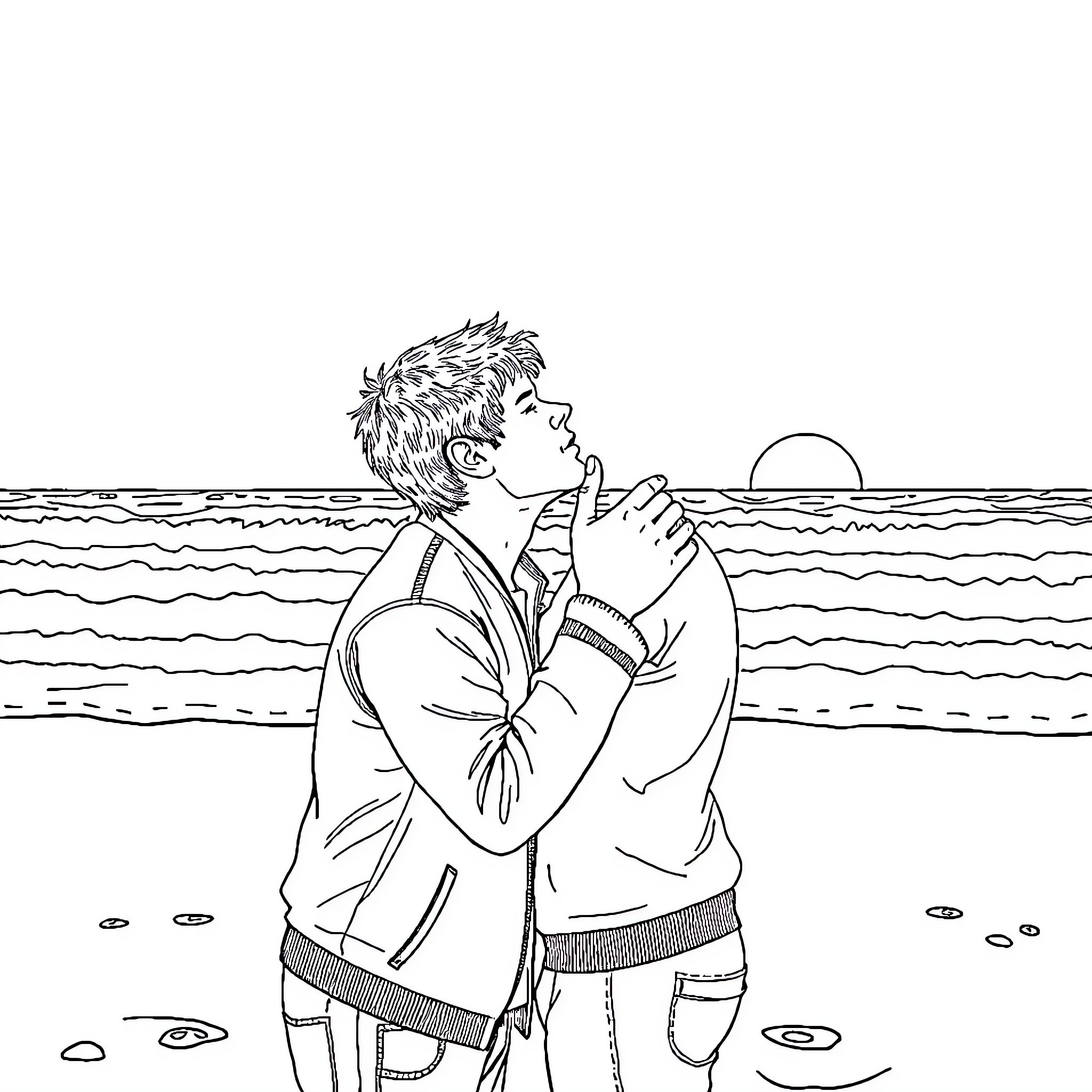 Ed Sheeran enjoying a peaceful moment by the ocean Coloring Page (free black-and-white line drawing printable PDF for all, from beginners to advanced learners, including children, teens, adults, and seniors)