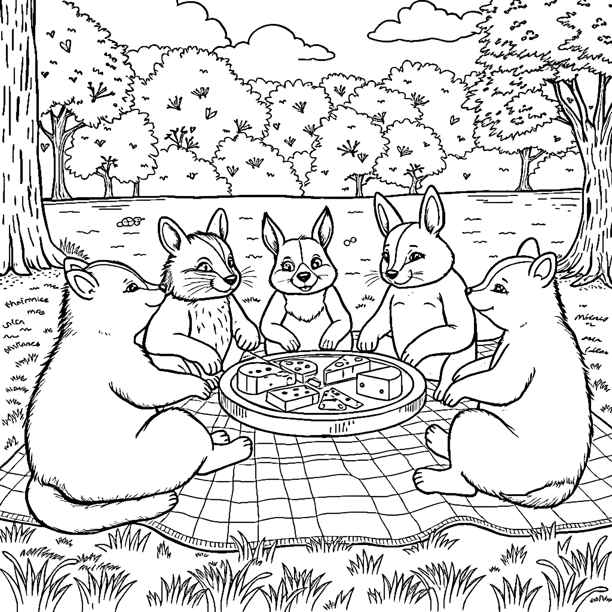 Animal picnic in the forest Coloring Page (free black-and-white line drawing printable PDF for all, from beginners to advanced learners, including children, teens, adults, and seniors)