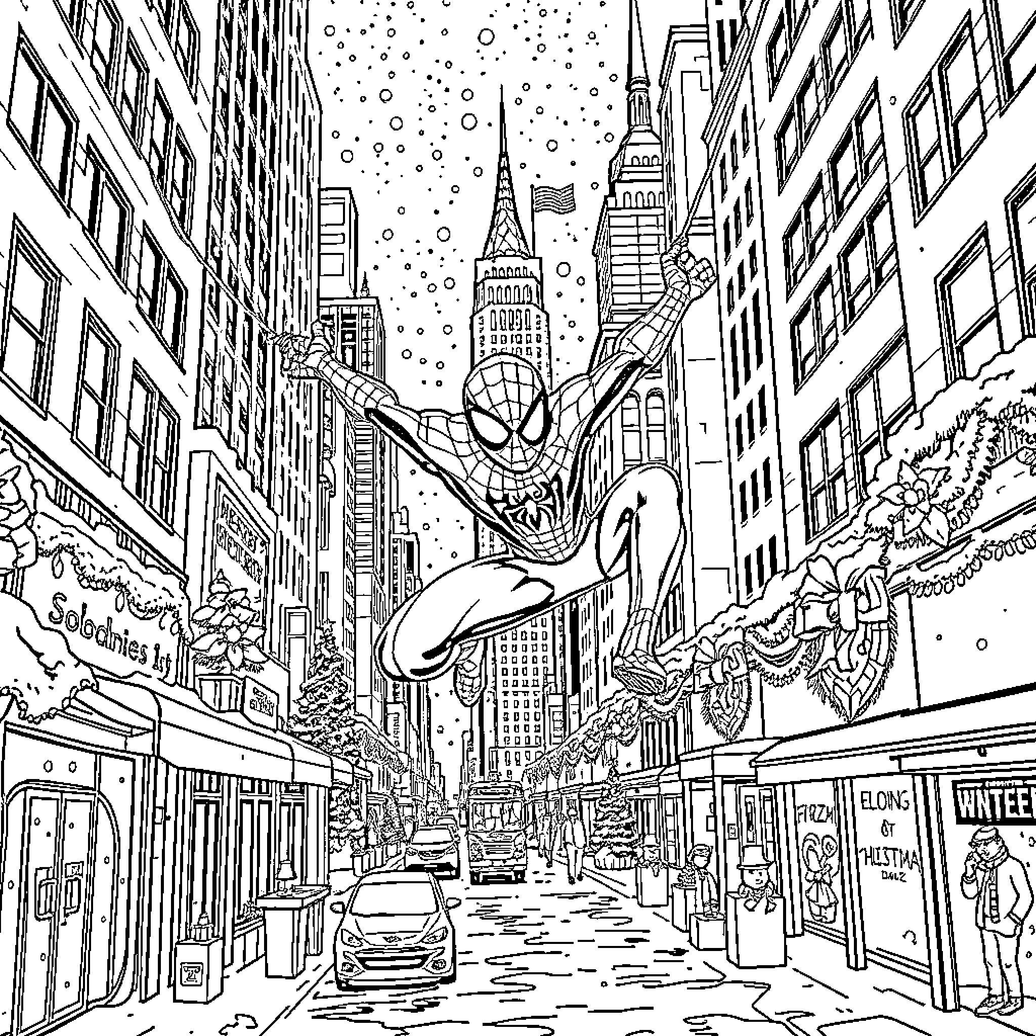 Spiderman swinging through the bustling New York City streets Coloring Page (free black-and-white line drawing printable PDF for all, from beginners to advanced learners, including children, teens, adults, and seniors)