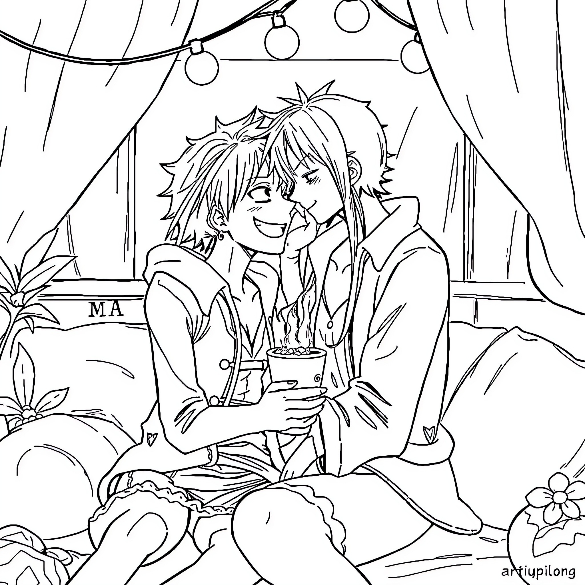 Luffy sharing a cozy moment with a friend Coloring Page (free black-and-white line drawing printable PDF for all, from beginners to advanced learners, including children, teens, adults, and seniors)