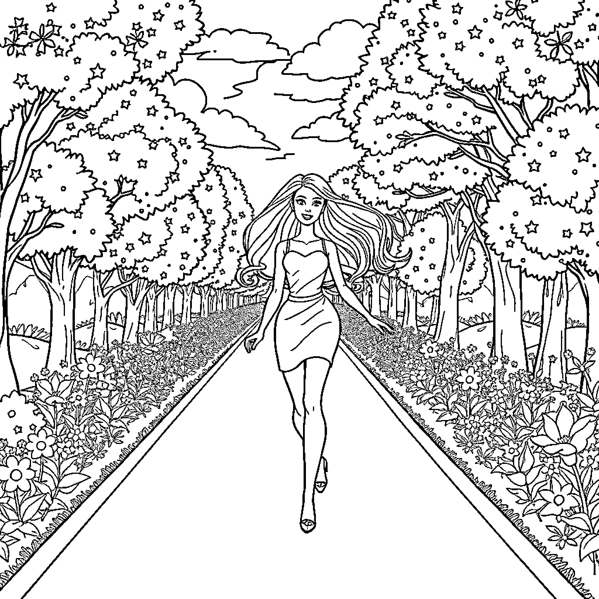 Barbie walking elegantly through a magical forest Coloring Page (free black-and-white line drawing printable PDF for all, from beginners to advanced learners, including children, teens, adults, and seniors)