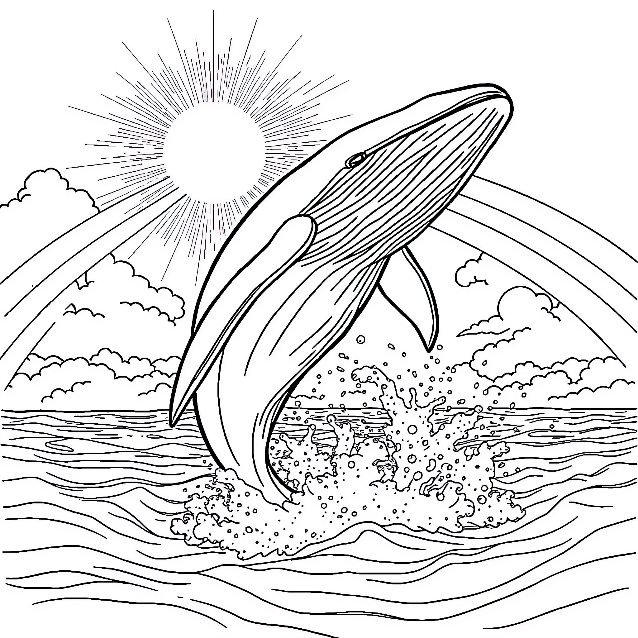 Whale Leaping Joyfully in the Sunlit Ocean Coloring Page (free black-and-white line drawing printable PDF for all, from beginners to advanced learners, including children, teens, adults, and seniors)