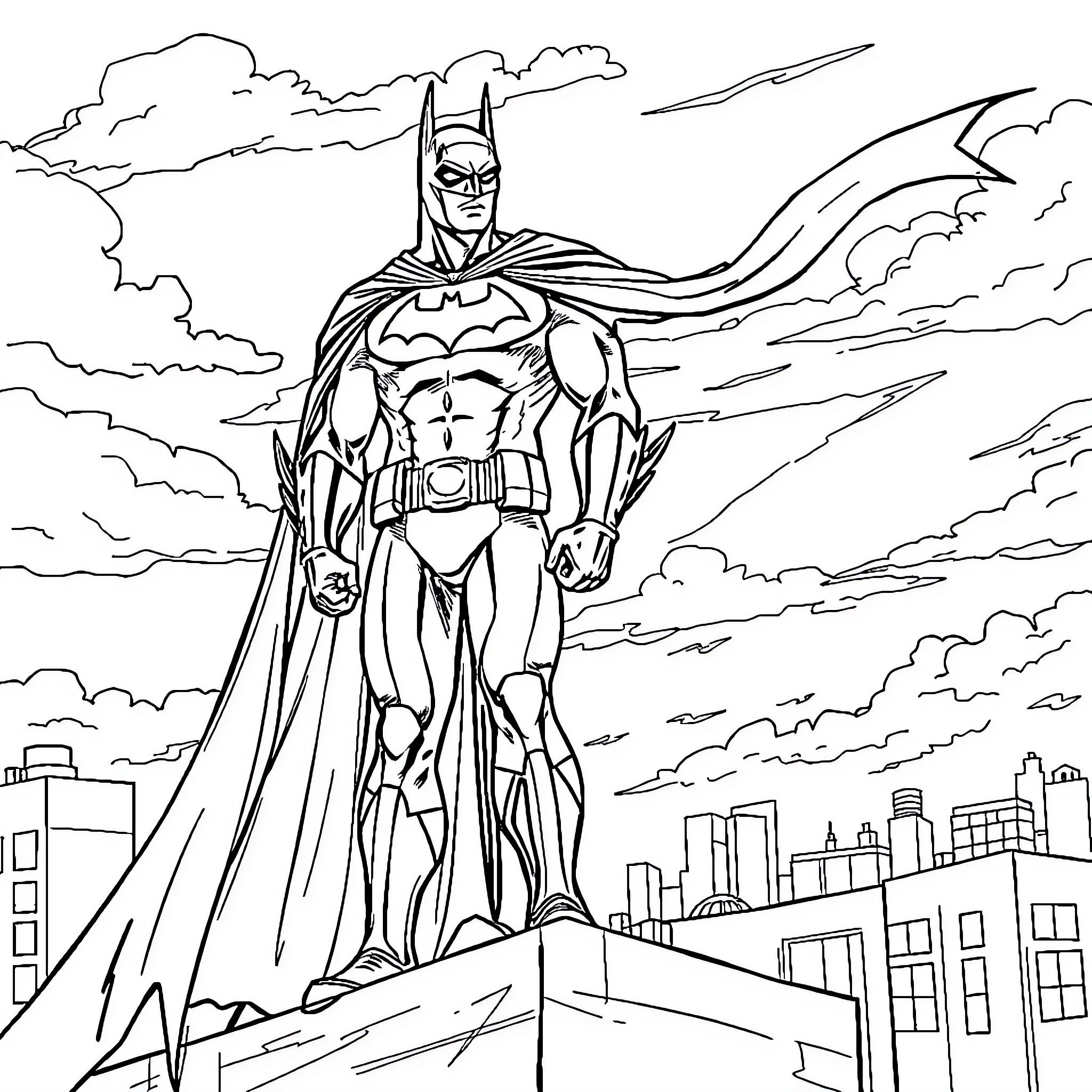 Batman standing heroically in the city skyline Coloring Page (free black-and-white line drawing printable PDF for all, from beginners to advanced learners, including children, teens, adults, and seniors)