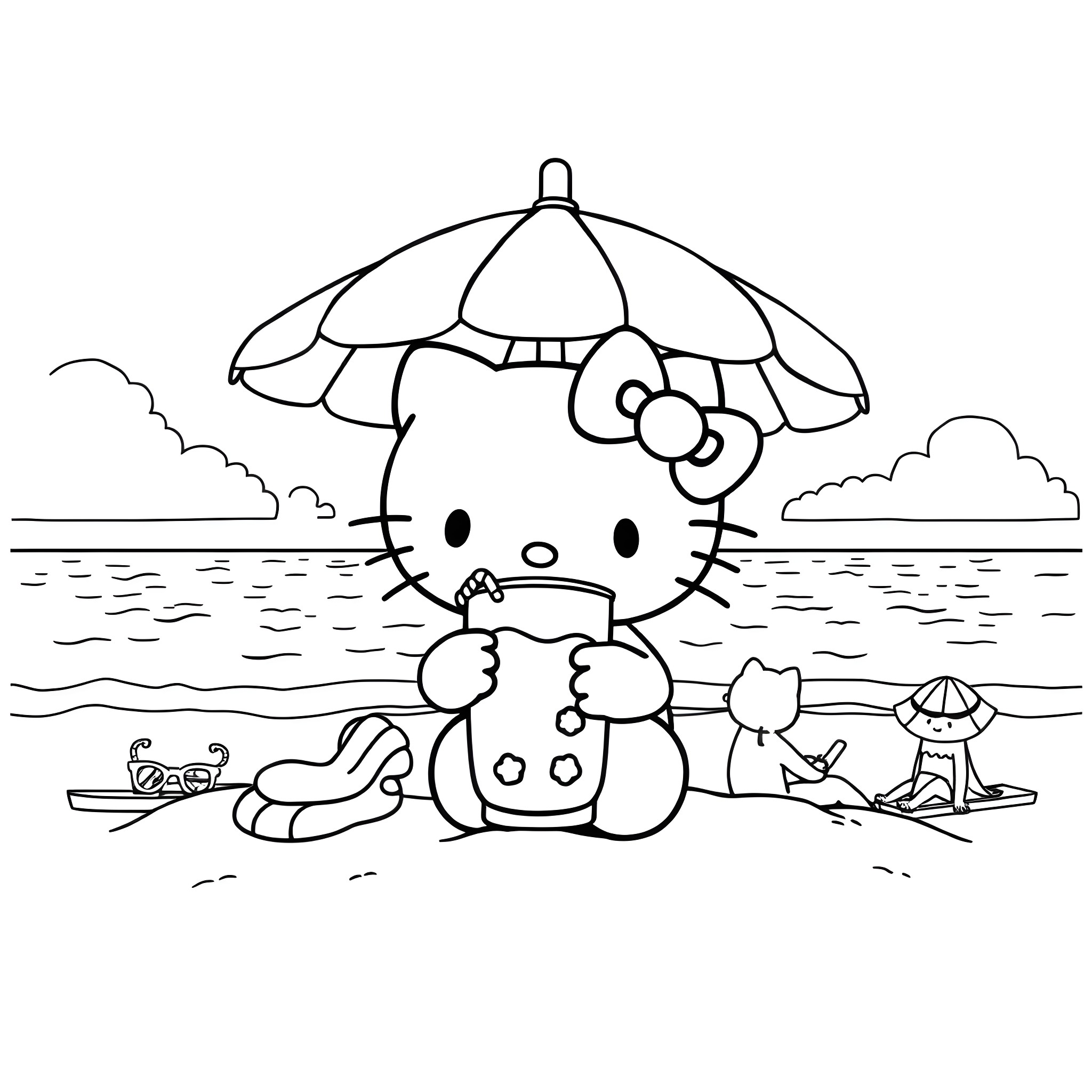 Hello Kitty enjoying a day at the beach Coloring Page (free black-and-white line drawing printable PDF for all, from beginners to advanced learners, including children, teens, adults, and seniors)
